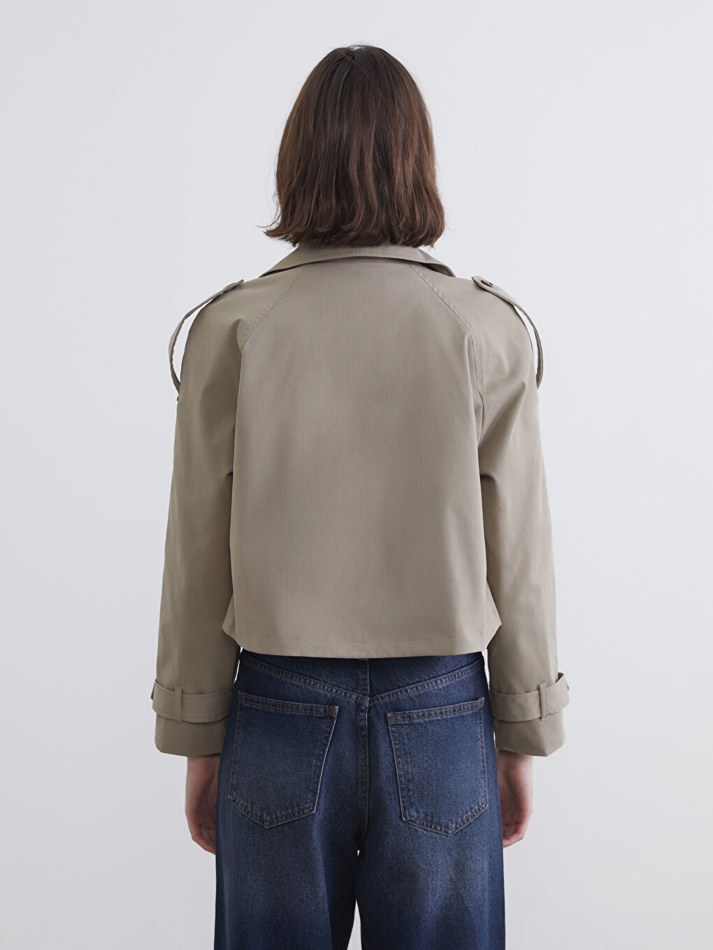 Haki Kruvaze Yaka Crop Kadın Trençkot-4