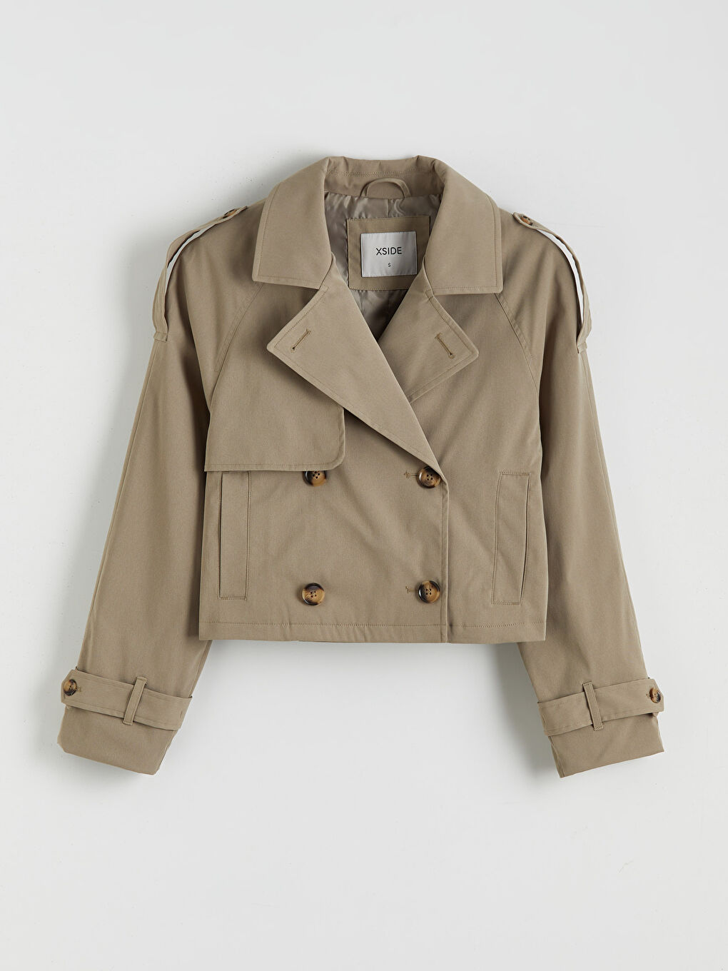 Haki Kruvaze Yaka Crop Kadın Trençkot-5