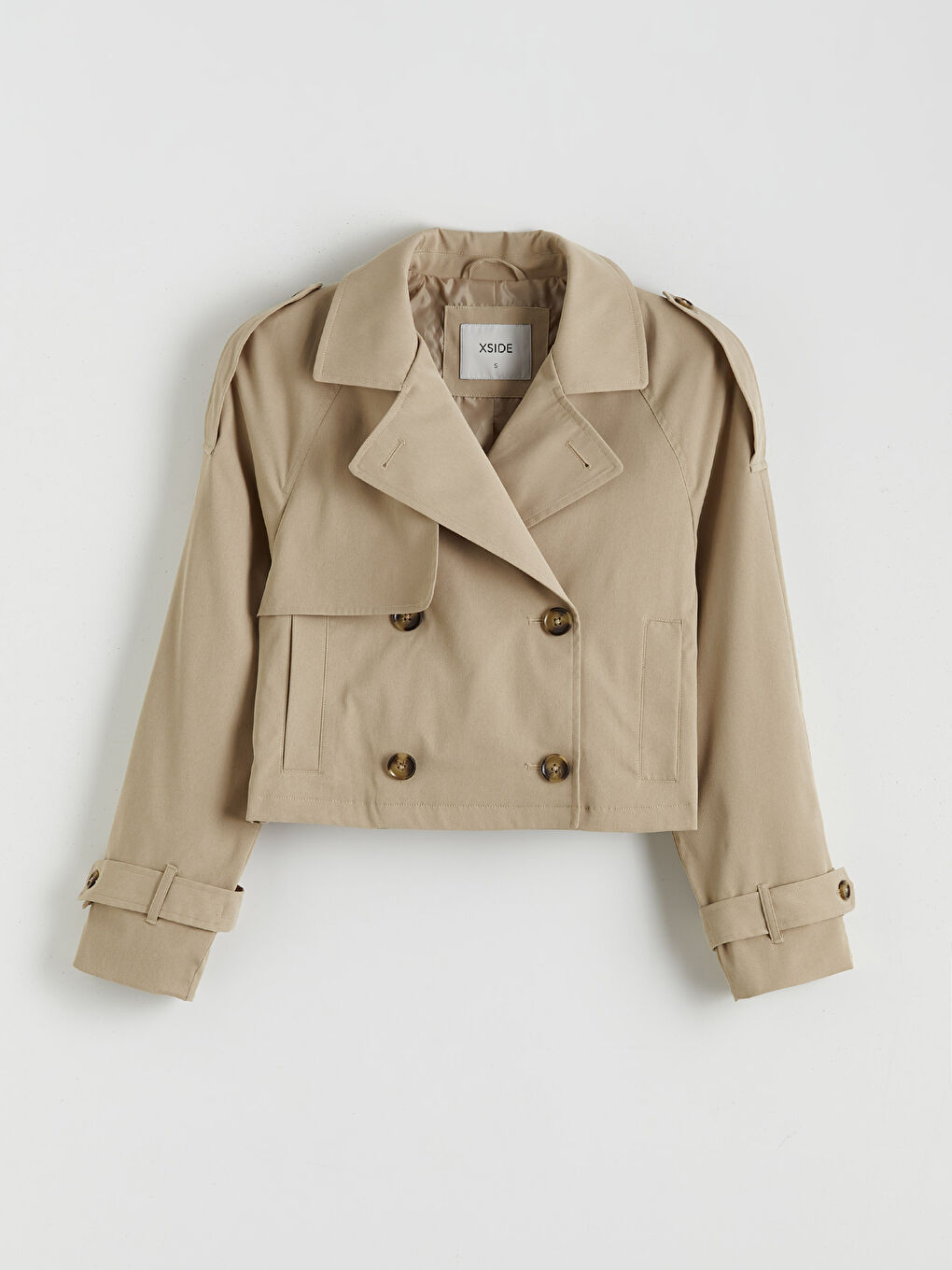Bej Kruvaze Yaka Crop Kadın Trençkot-5
