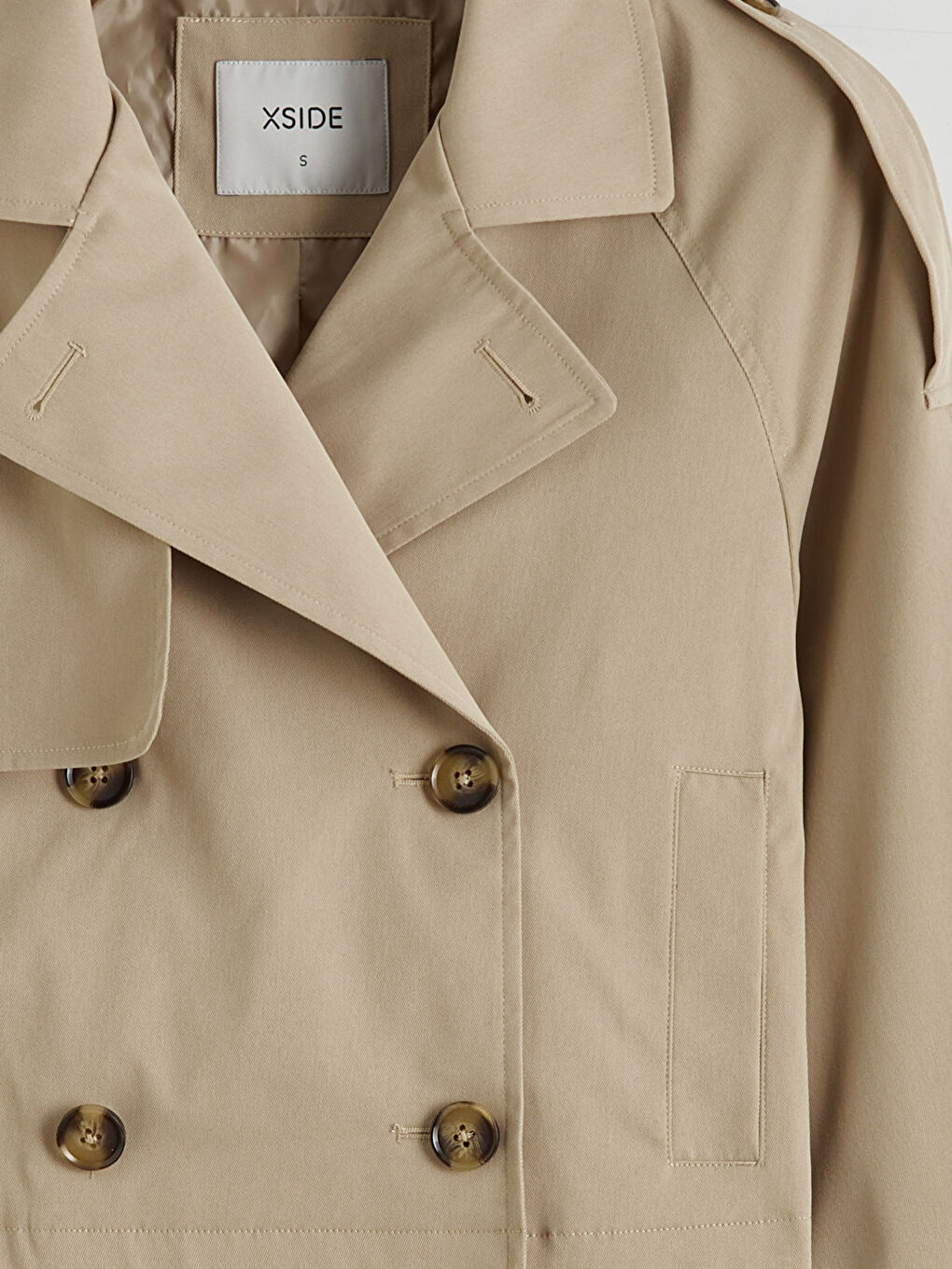 Bej Kruvaze Yaka Crop Kadın Trençkot-6