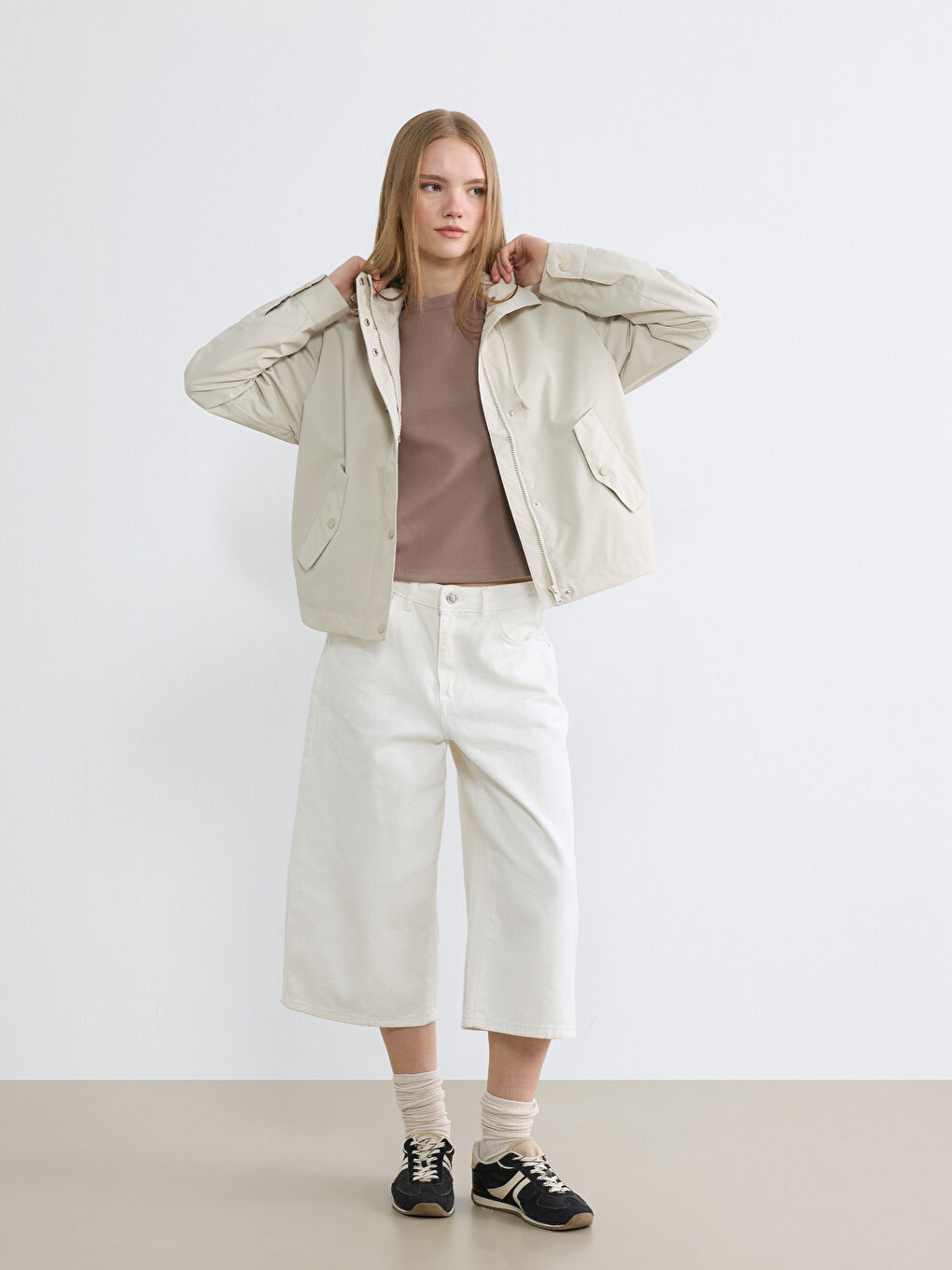 Bej Kapüşonlu Oversize Kadın Ceket-1