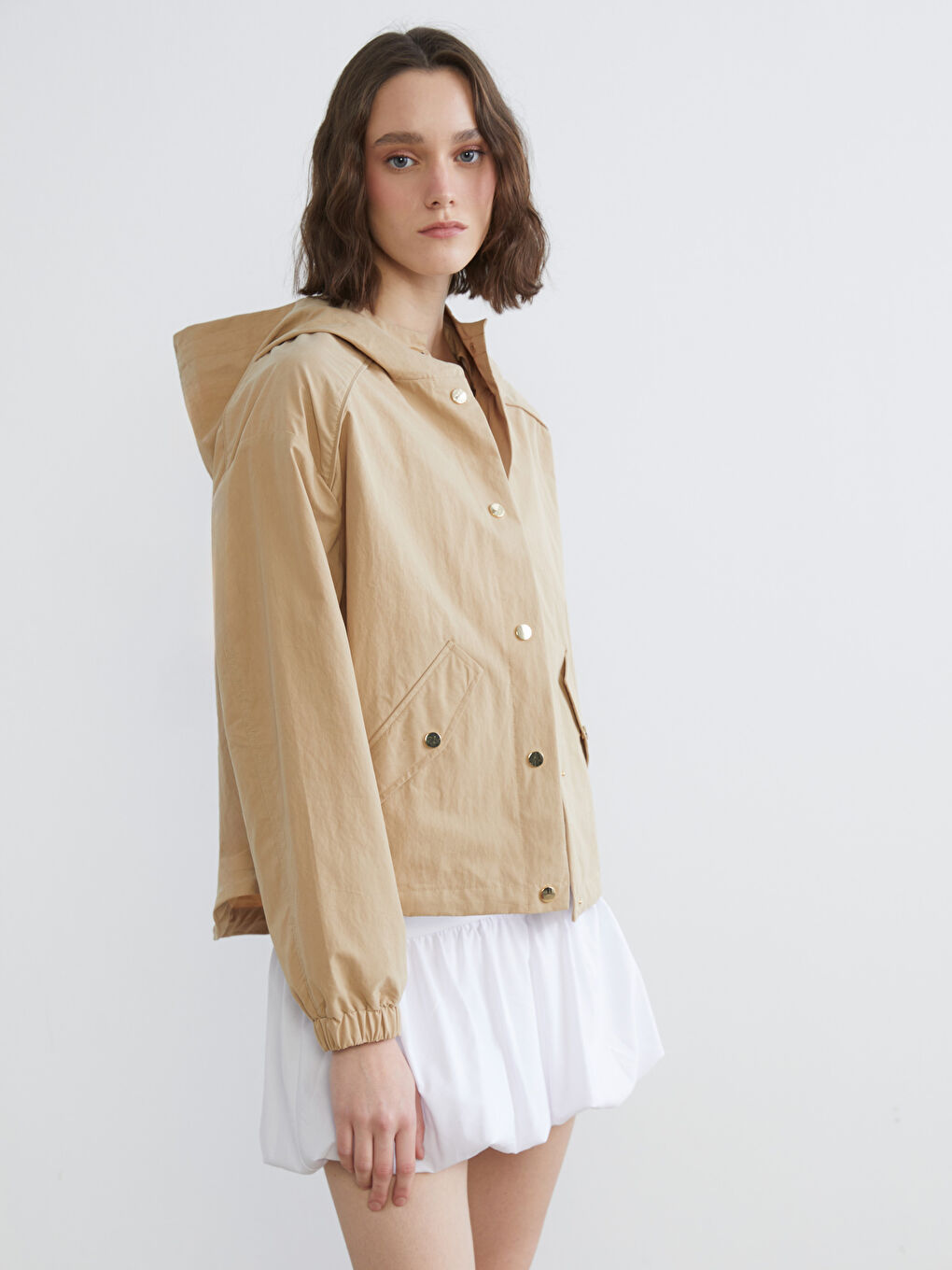 Bej Kapüşonlu Oversize Kadın Ceket