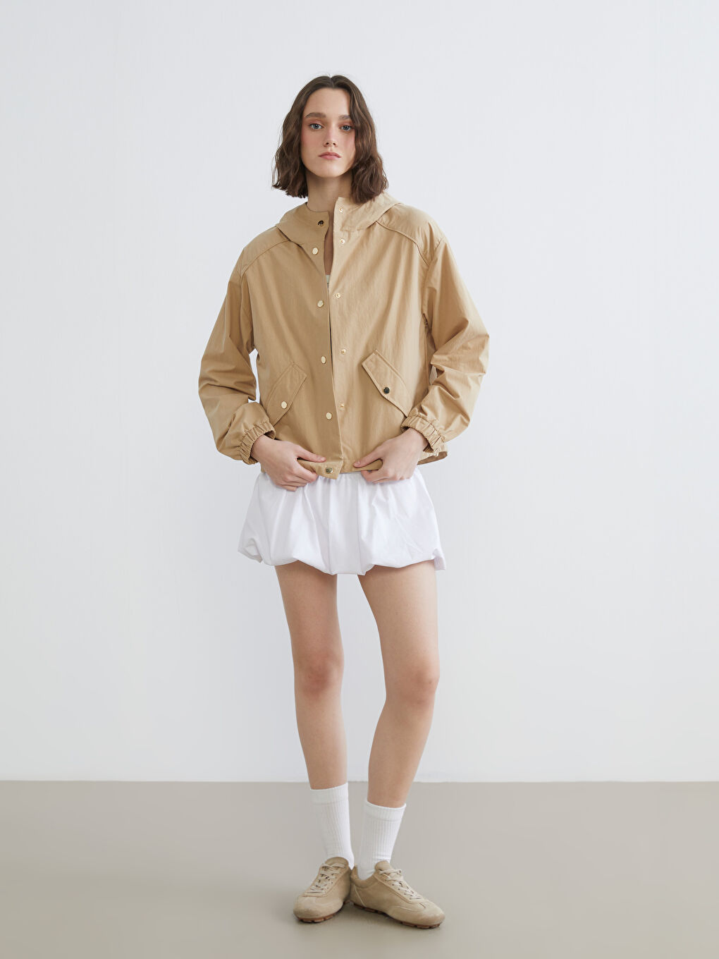 Bej Kapüşonlu Oversize Kadın Ceket-1