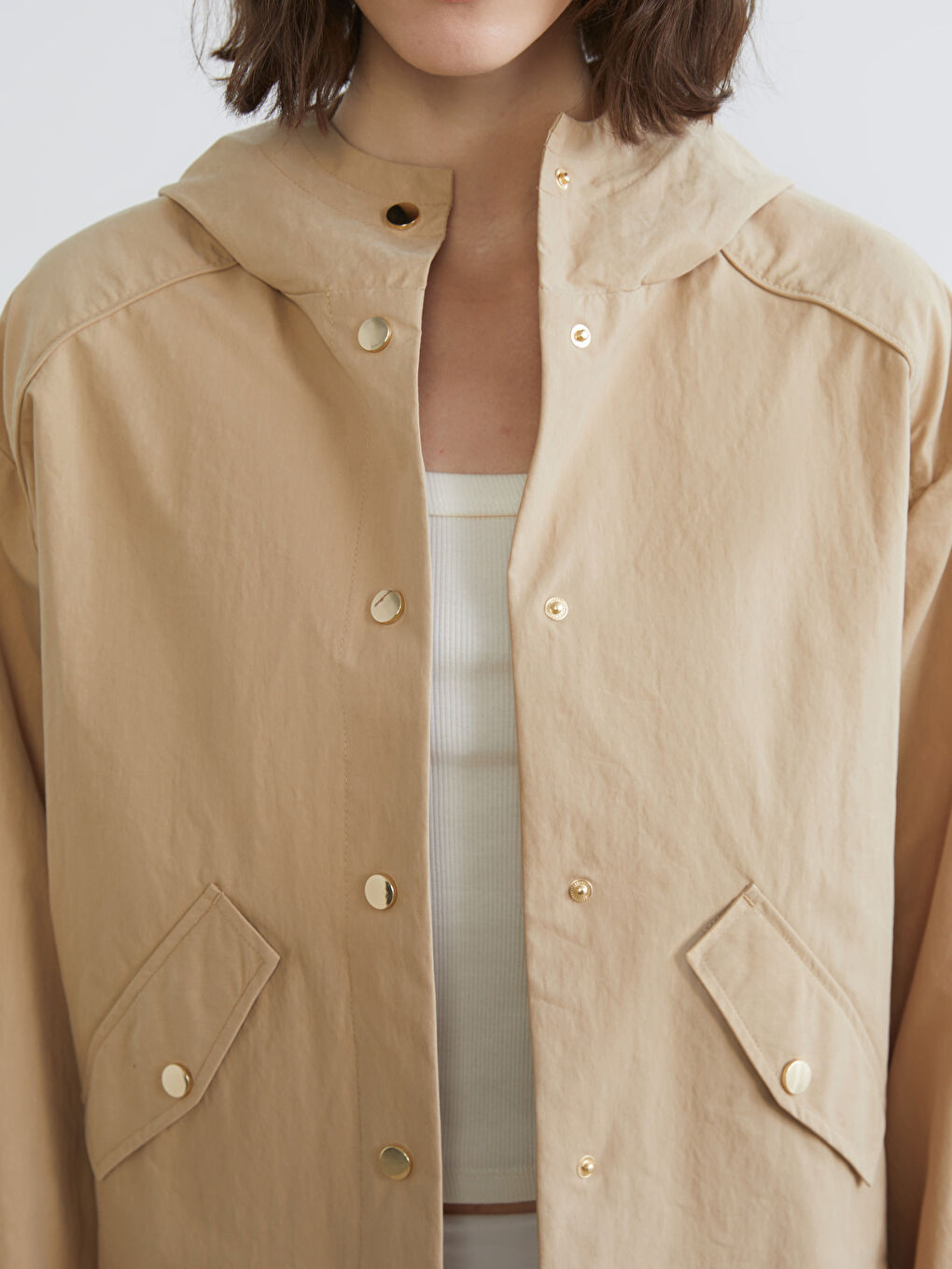 Bej Kapüşonlu Oversize Kadın Ceket-2