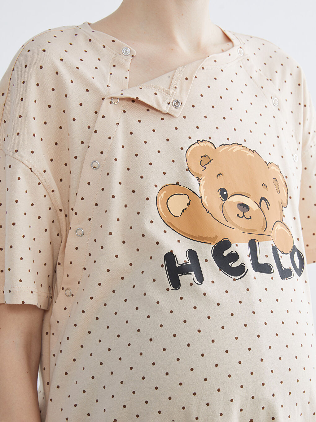 Bej Bisiklet Yaka Puantiyeli Hamile Gecelik-2