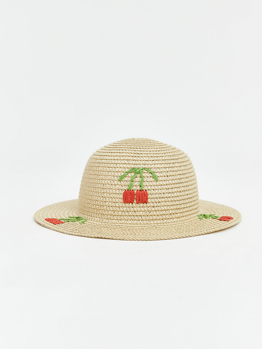 Bej Kiraz Nakışlı Hasır Kız Bebek Şapka