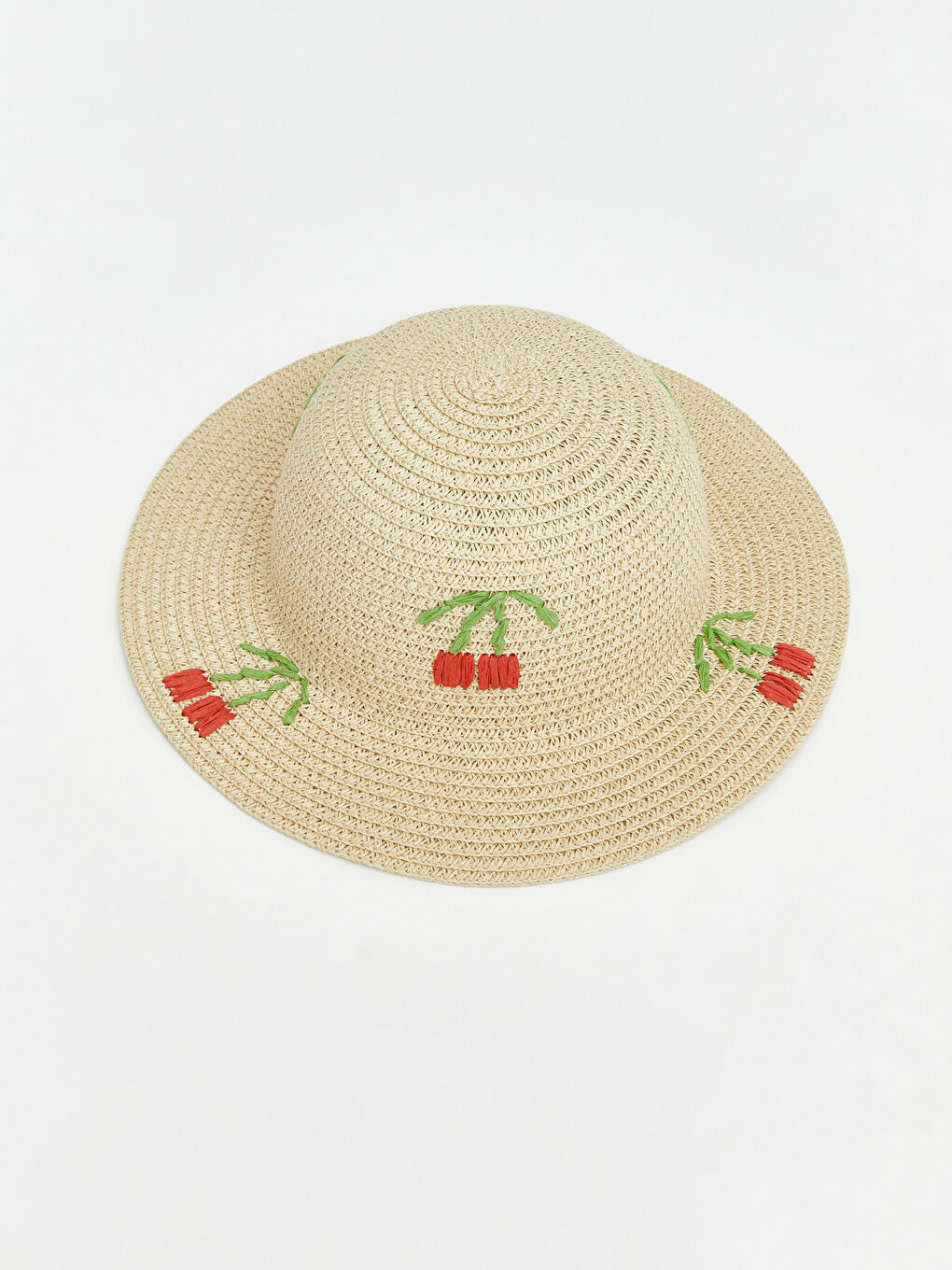 Bej Kiraz Nakışlı Hasır Kız Bebek Şapka-1