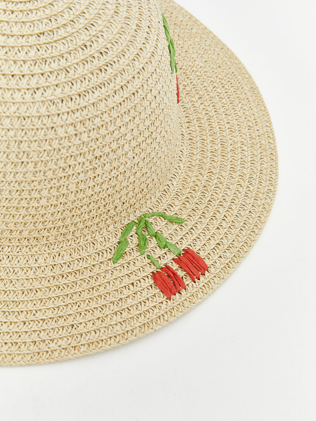 Bej Kiraz Nakışlı Hasır Kız Bebek Şapka-2