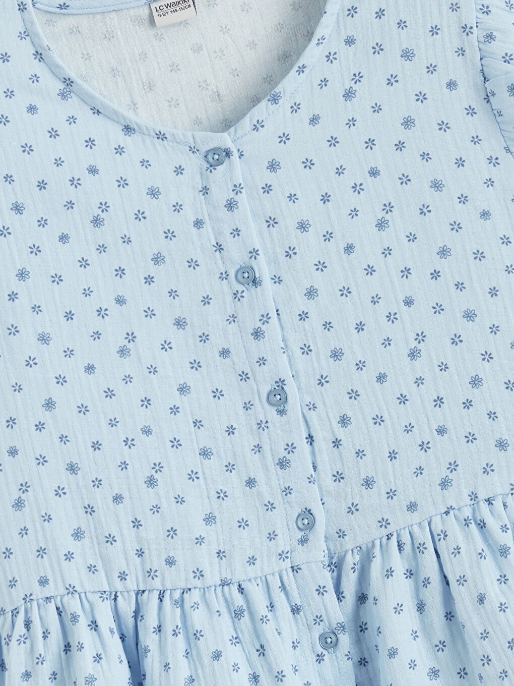 Mavi V Yaka Çiçekli Müslin Kız Çocuk Gömlek-1