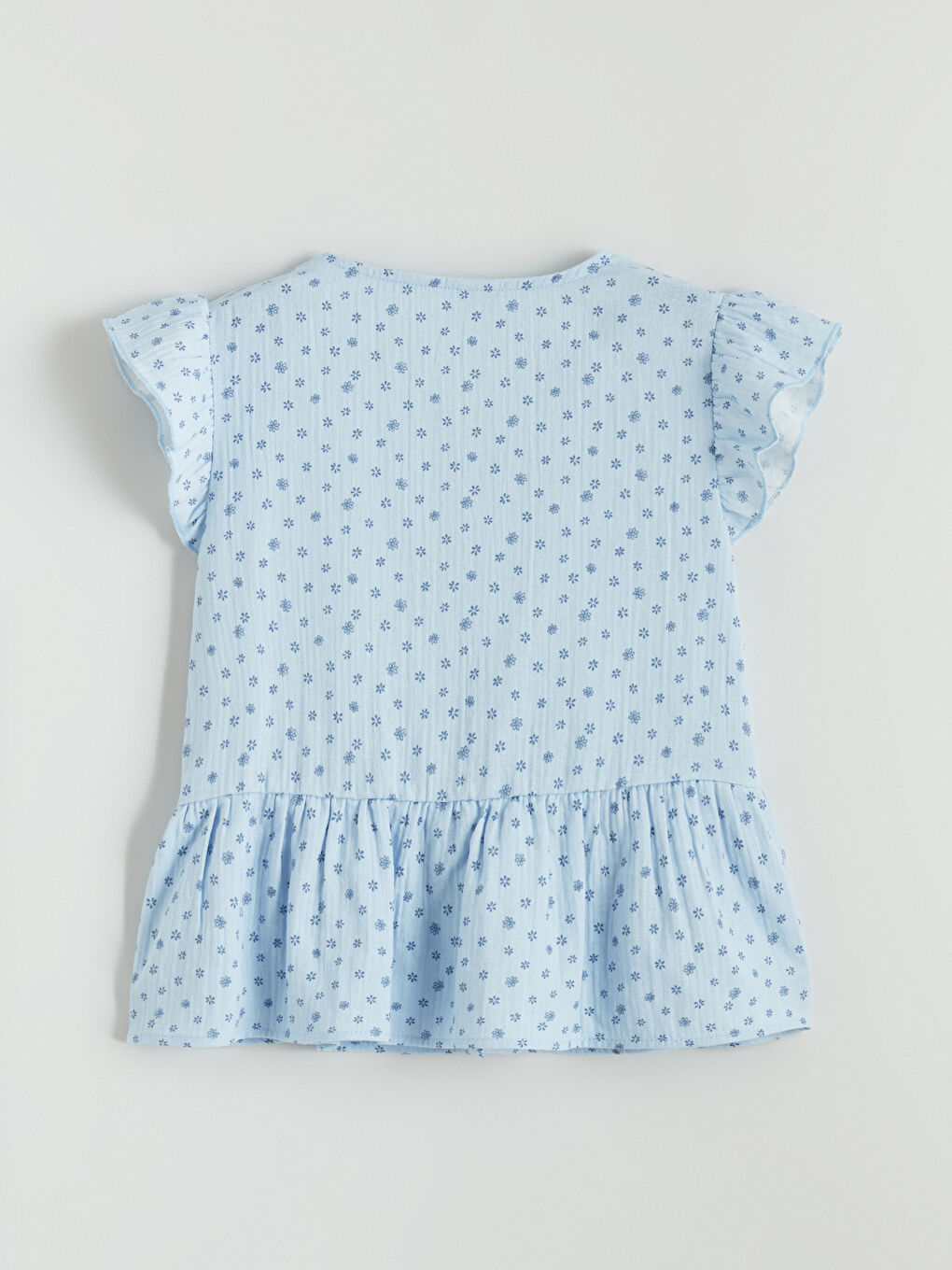 Mavi V Yaka Çiçekli Müslin Kız Çocuk Gömlek-2