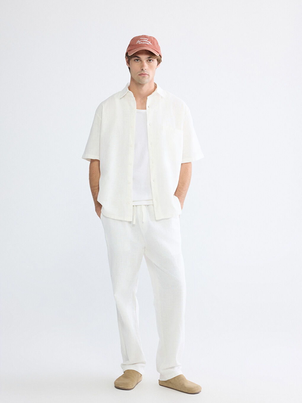 Ekru Rahat Kalıp Keten Görünümlü Erkek Pantolon