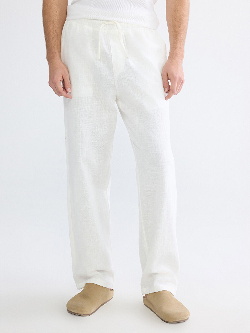 Ekru Rahat Kalıp Keten Görünümlü Erkek Pantolon-1