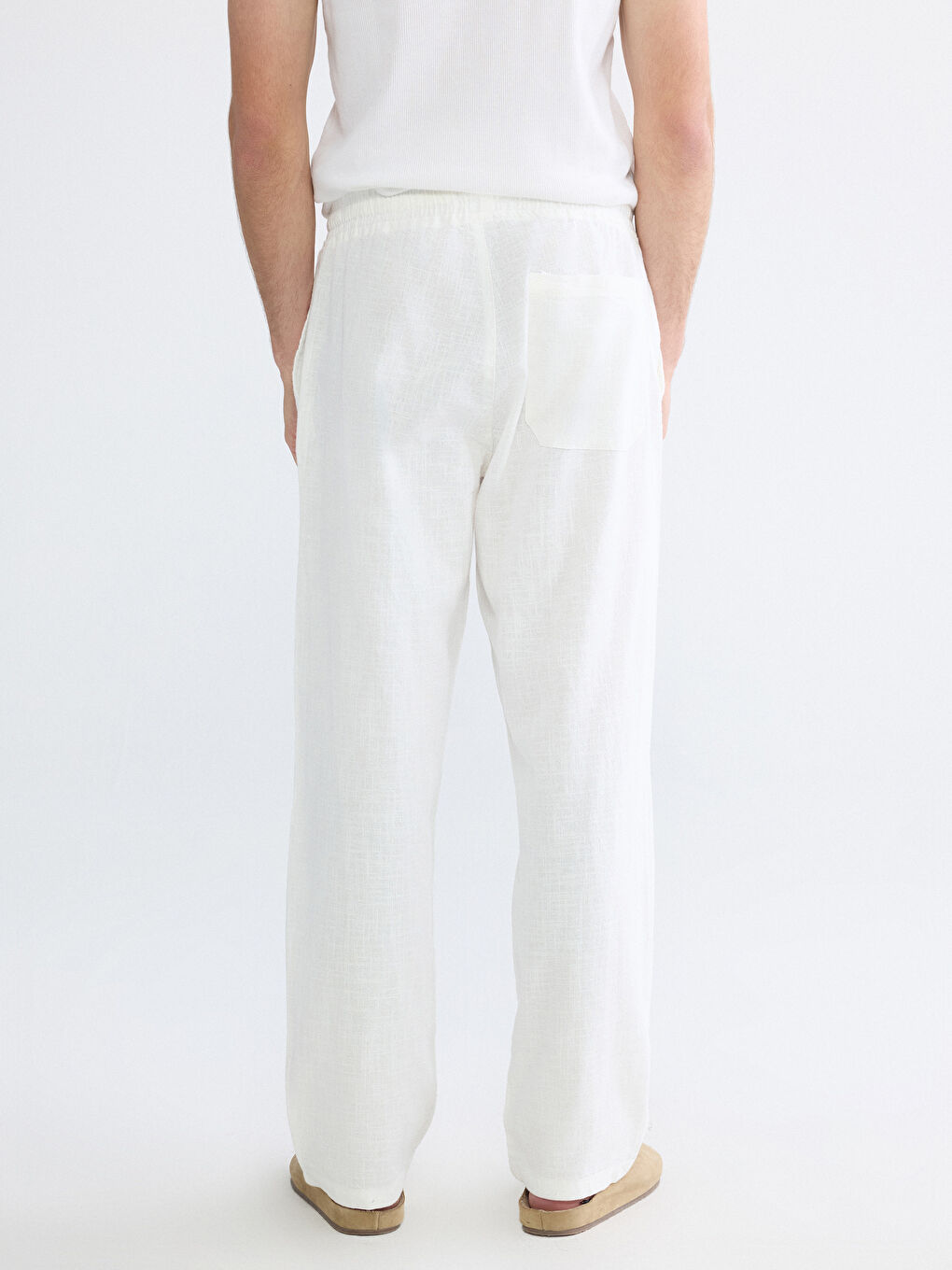 Ekru Rahat Kalıp Keten Görünümlü Erkek Pantolon-3