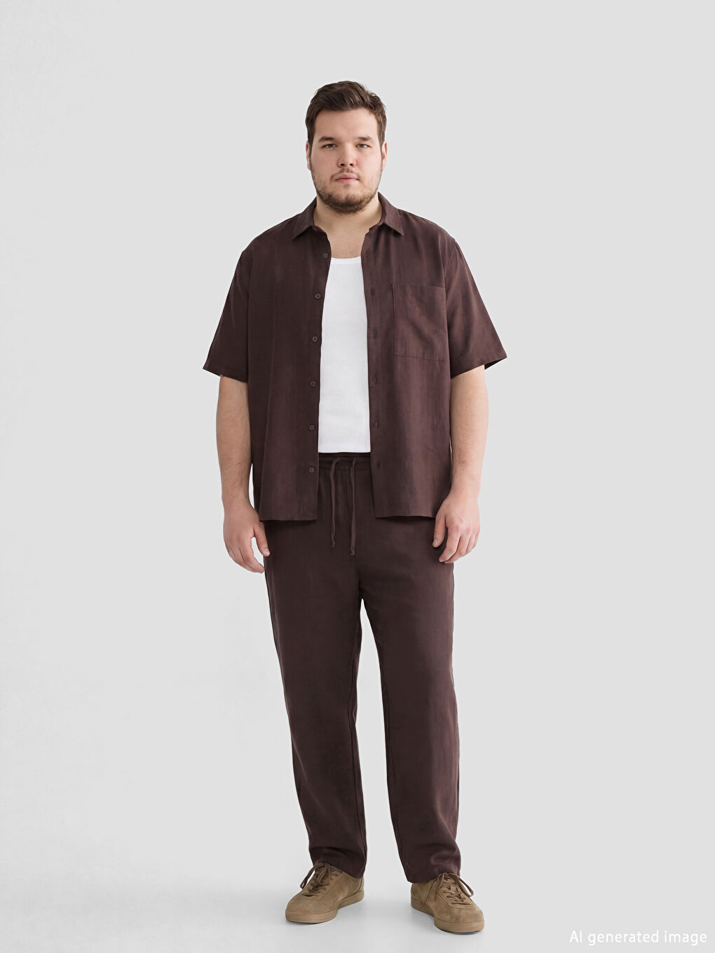 Kahverengi Rahat Kalıp Keten Görünümlü Erkek Pantolon-1