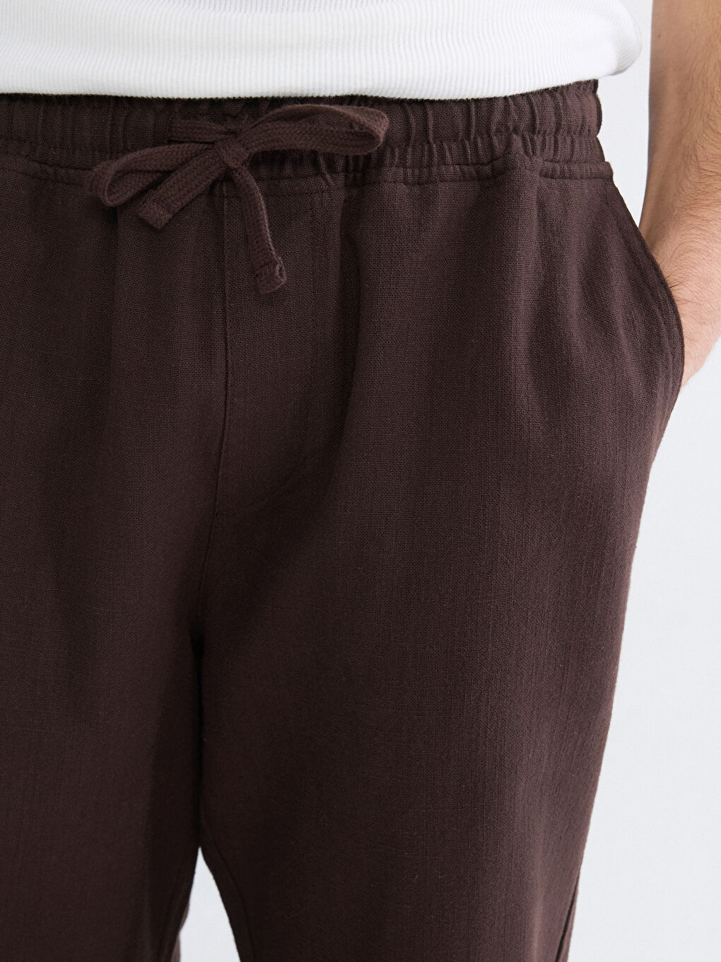 Kahverengi Rahat Kalıp Keten Görünümlü Erkek Pantolon-2
