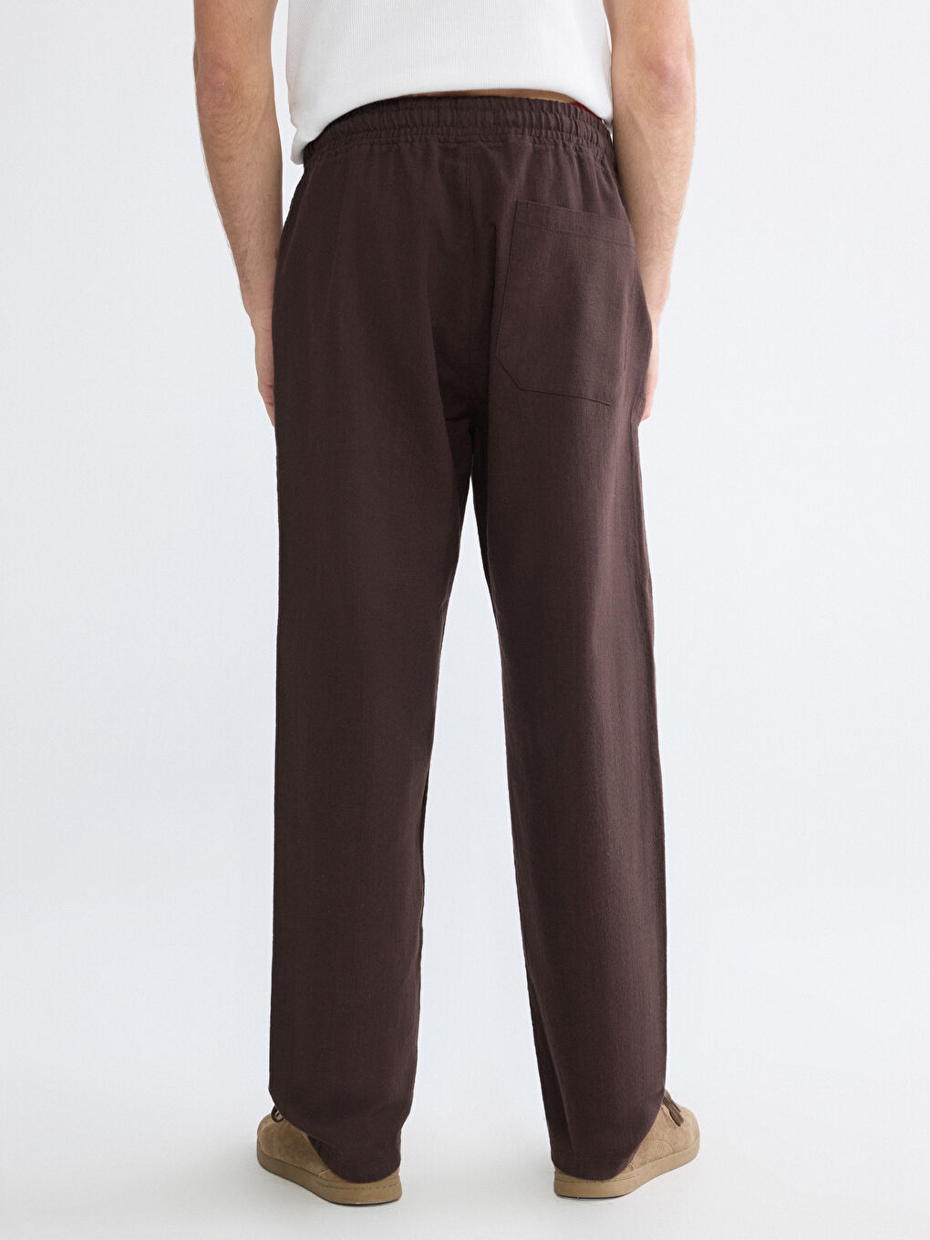 Kahverengi Rahat Kalıp Keten Görünümlü Erkek Pantolon-3