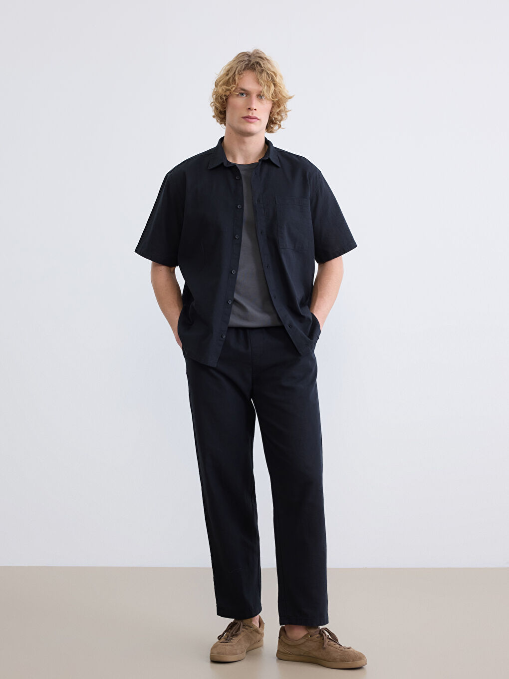 Siyah Rahat Kalıp Keten Görünümlü Erkek Pantolon-1