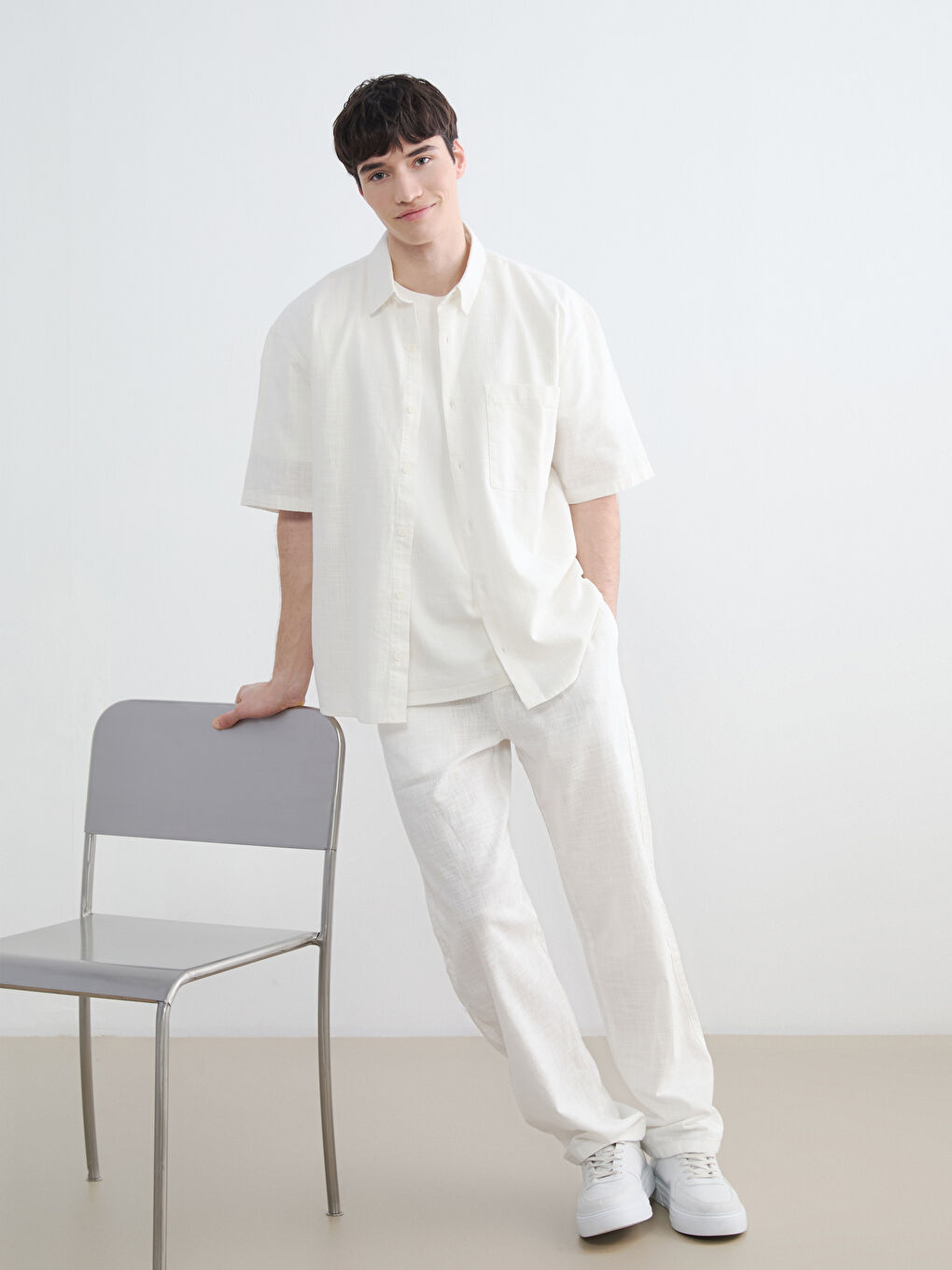 Ekru Rahat Kalıp Keten Görünümlü Erkek Pantolon-1