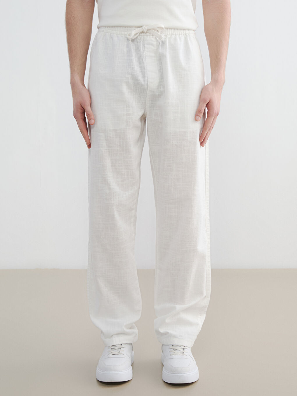 Ekru Rahat Kalıp Keten Görünümlü Erkek Pantolon-3