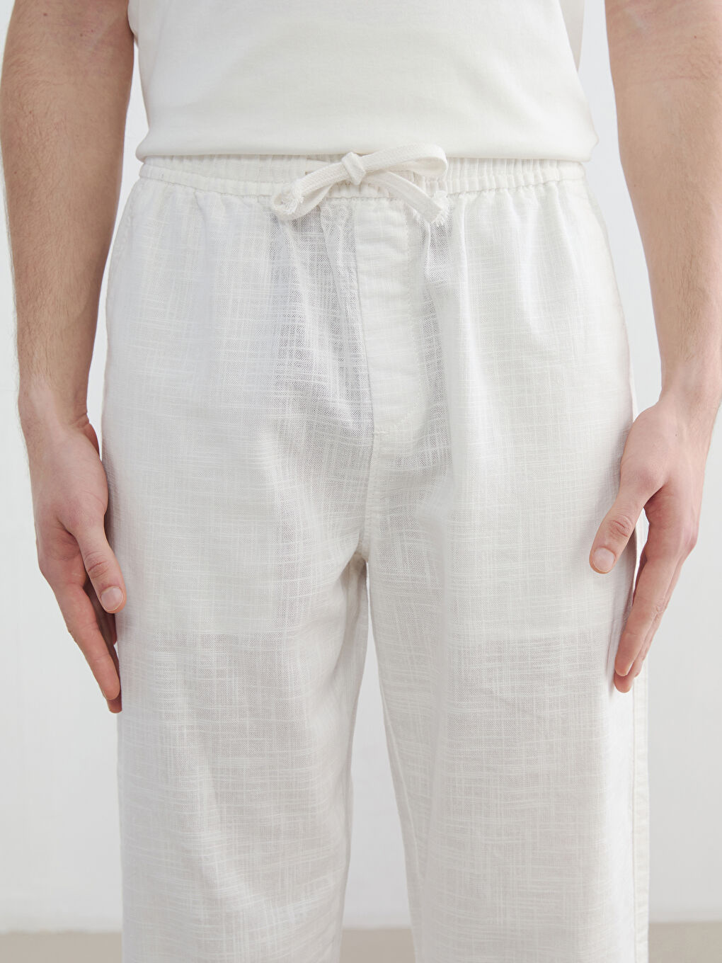 Ekru Rahat Kalıp Keten Görünümlü Erkek Pantolon-5