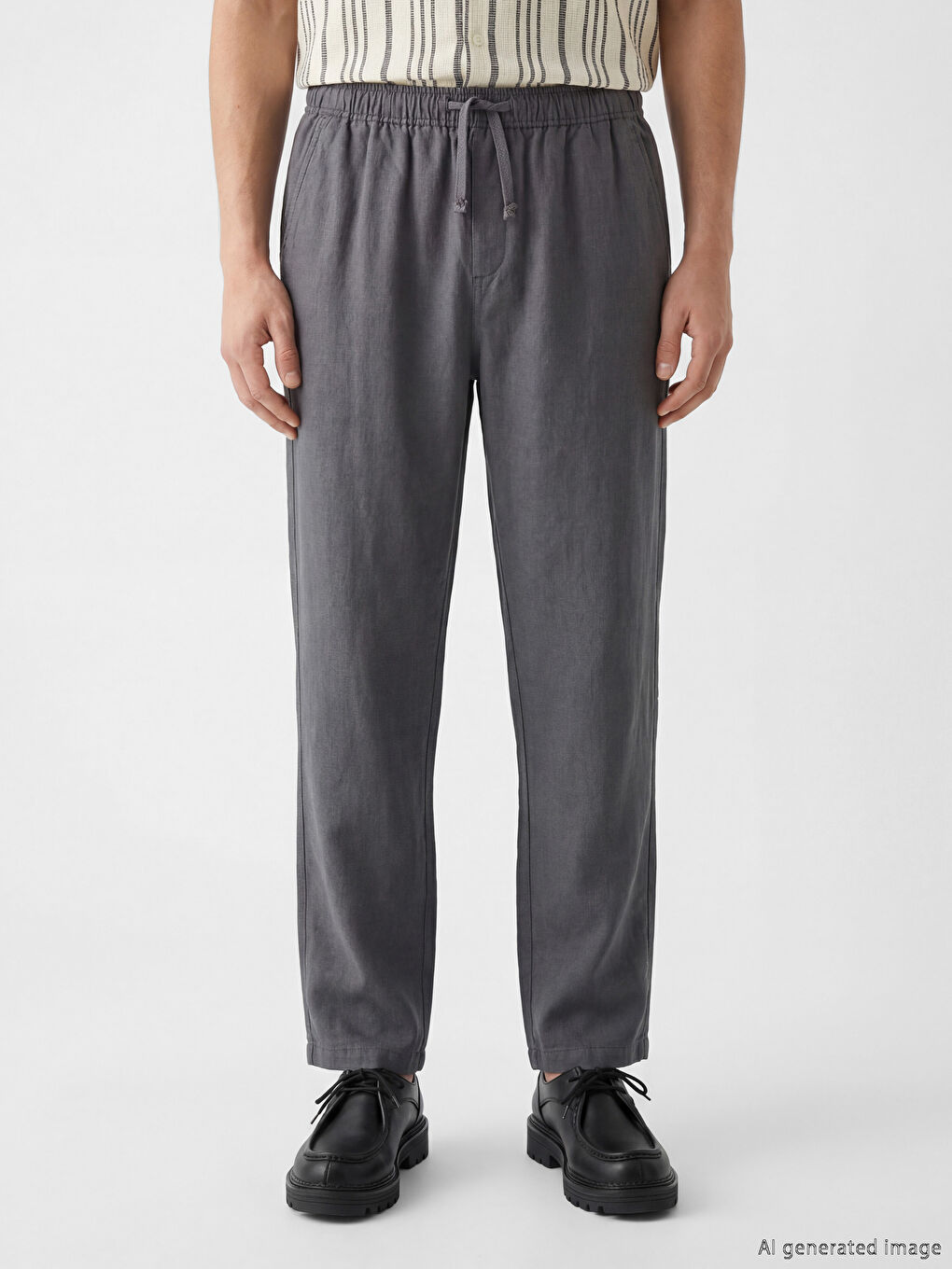 Gri Rahat Kalıp Keten Görünümlü Erkek Pantolon-4