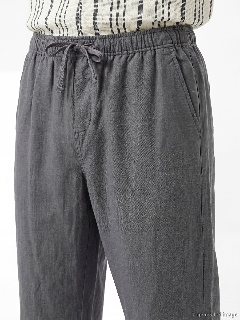 Gri Rahat Kalıp Keten Görünümlü Erkek Pantolon-6