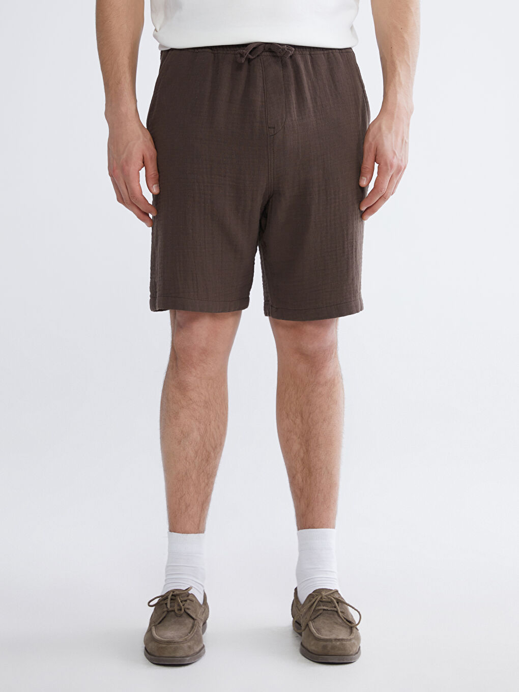 Kahverengi Loose Fit Müslin Erkek Şort-3