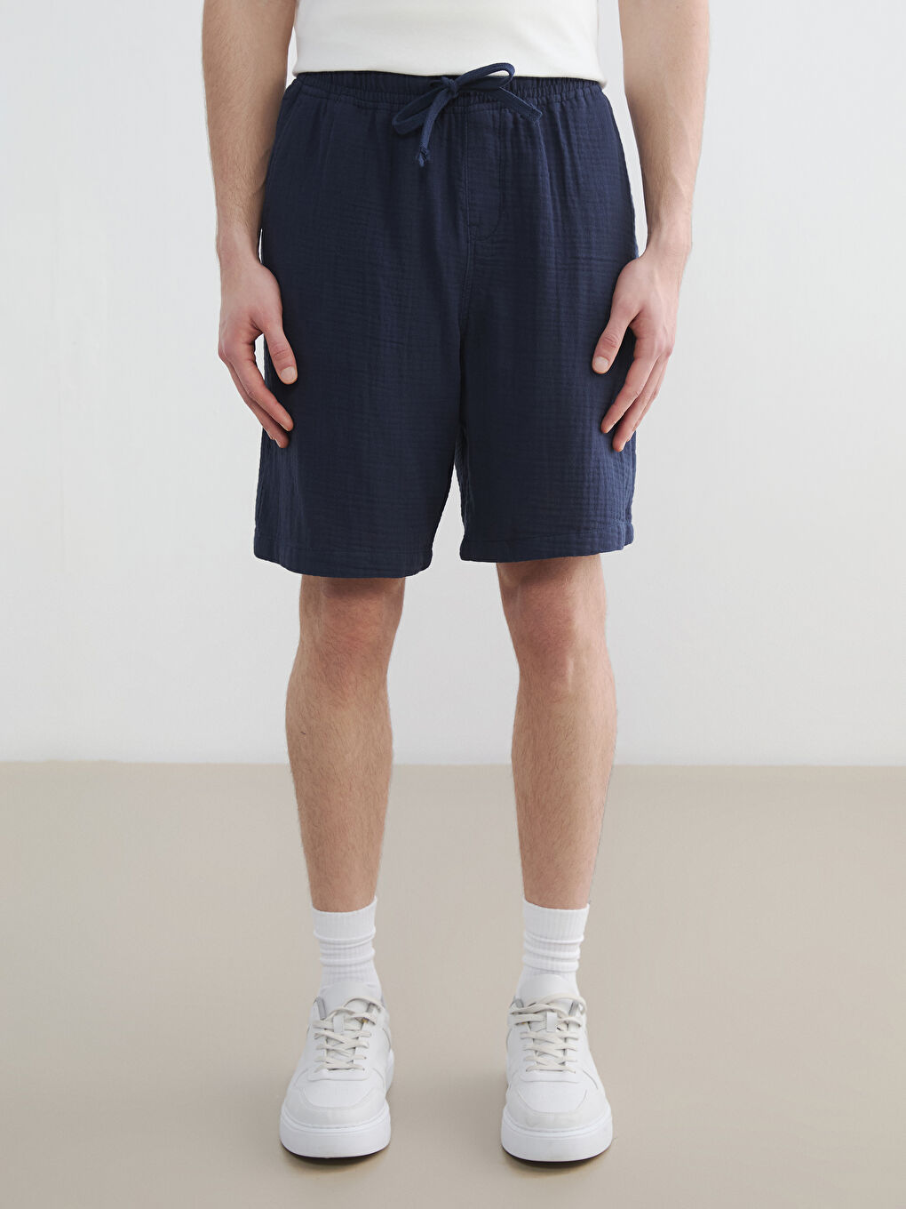 Lacivert Loose Fit Müslin Erkek Şort-1