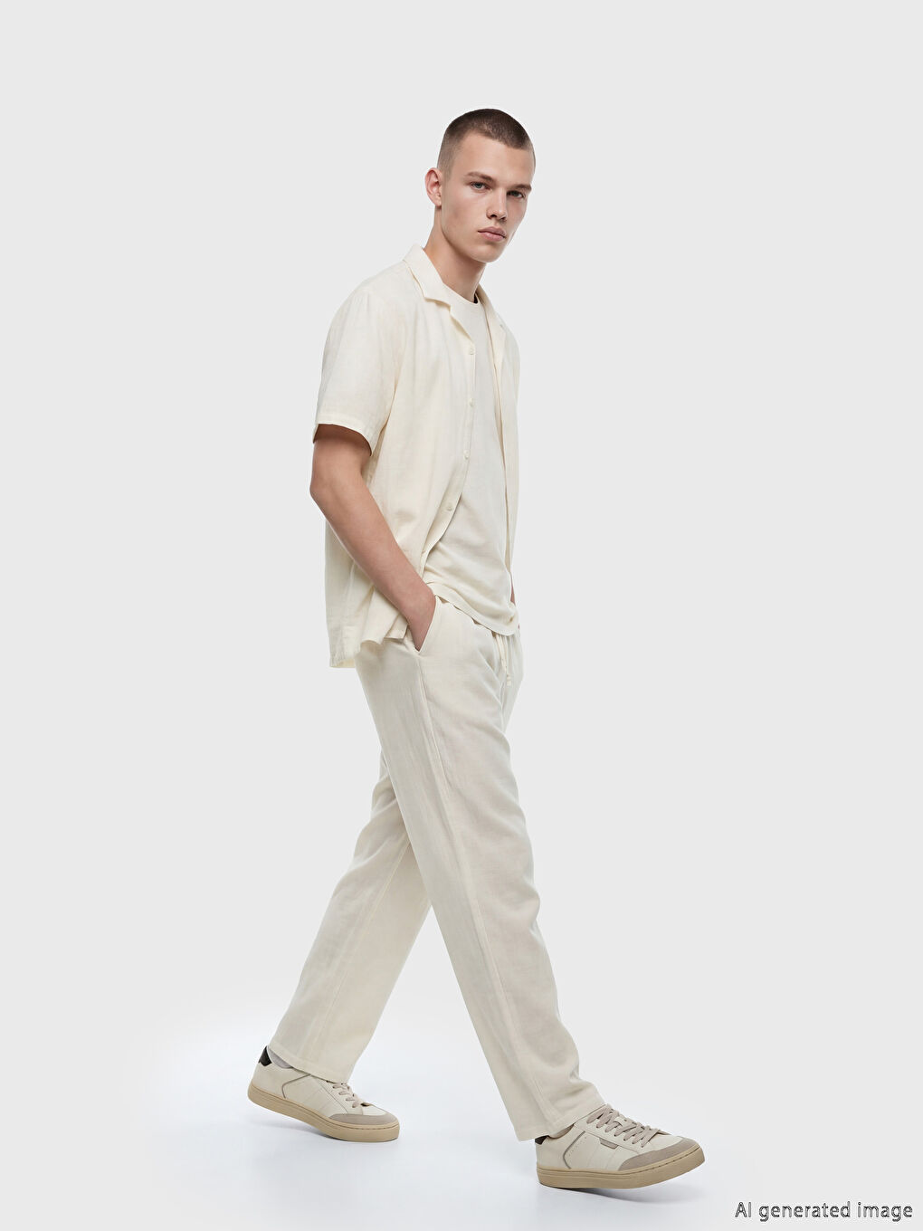 Ekru Loose Fit Erkek Müslin Pantolon