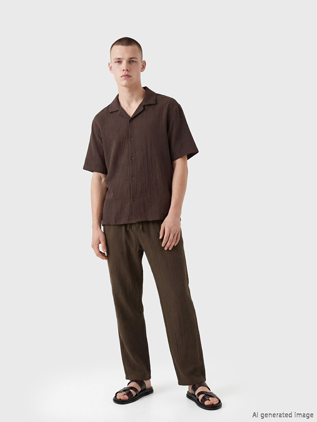 Kahverengi Rahat Kalıp Müslin Erkek Pantolon-1