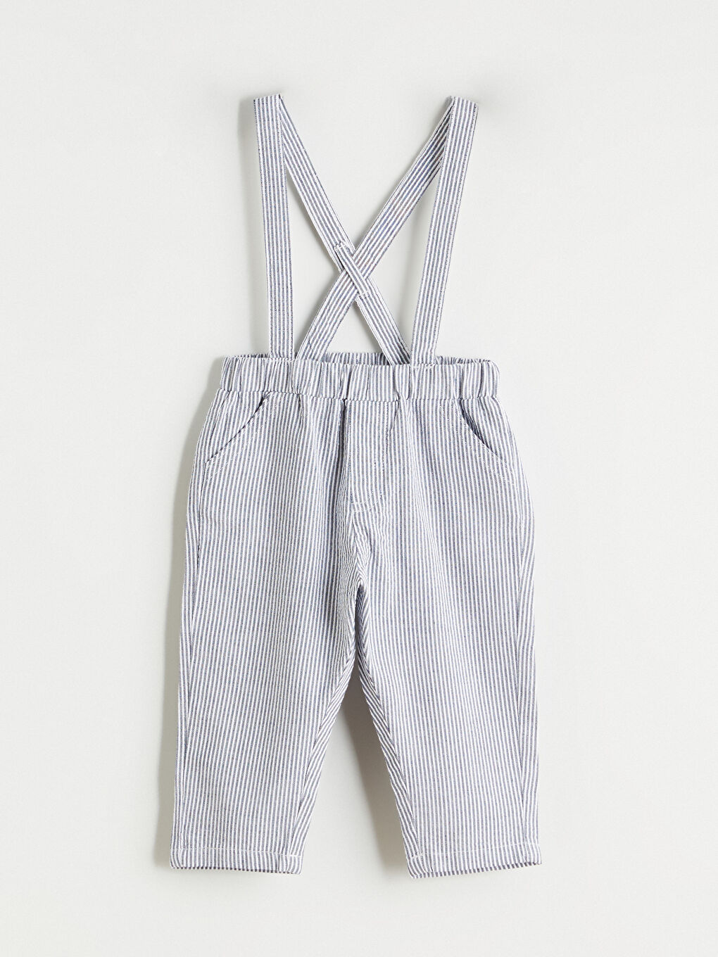 Ekru Erkek Bebek Çizgili Askılı Pantolon