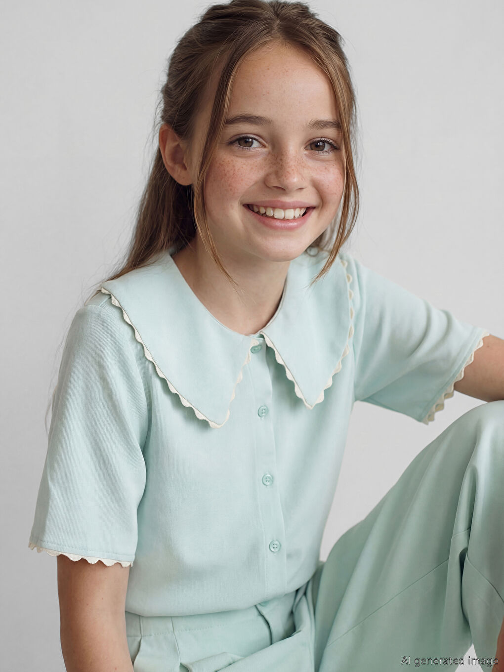 Yeşil Bebe Yaka Kısa Kollu Kız Çocuk Gömlek-1