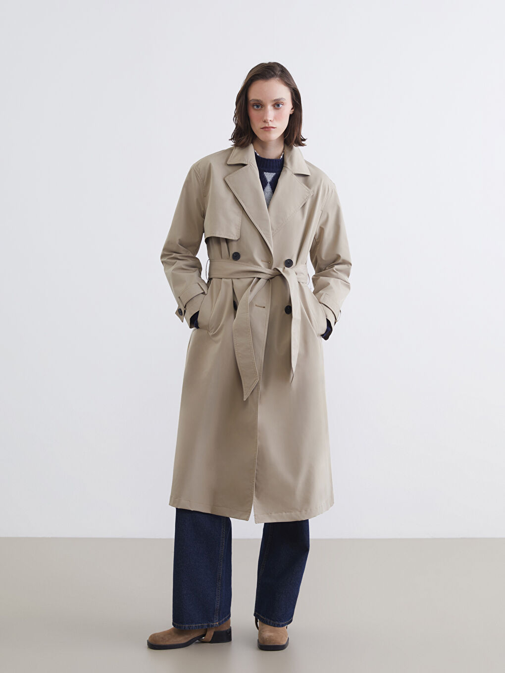 Kahverengi Kruvaze Yaka Kadın Trençkot-1