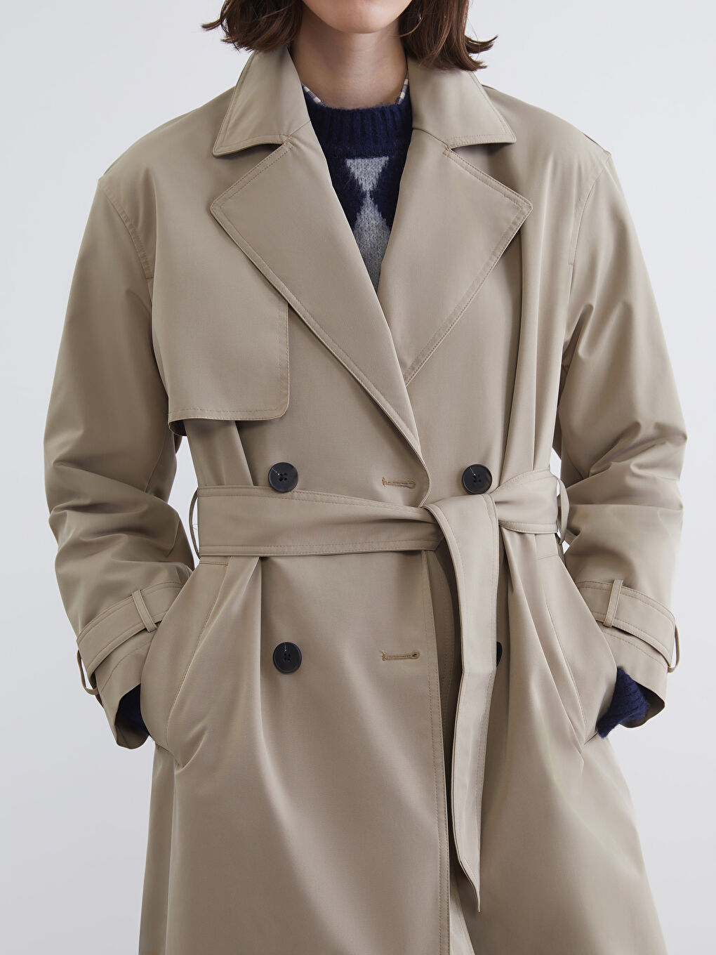 Kahverengi Kruvaze Yaka Kadın Trençkot-2