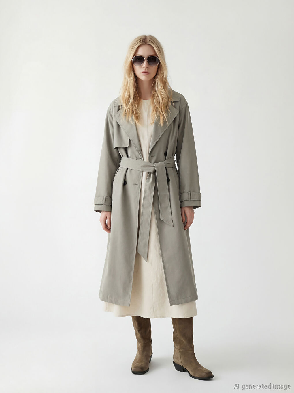Haki Kruvaze Yaka Kuşaklı Kadın Trençkot