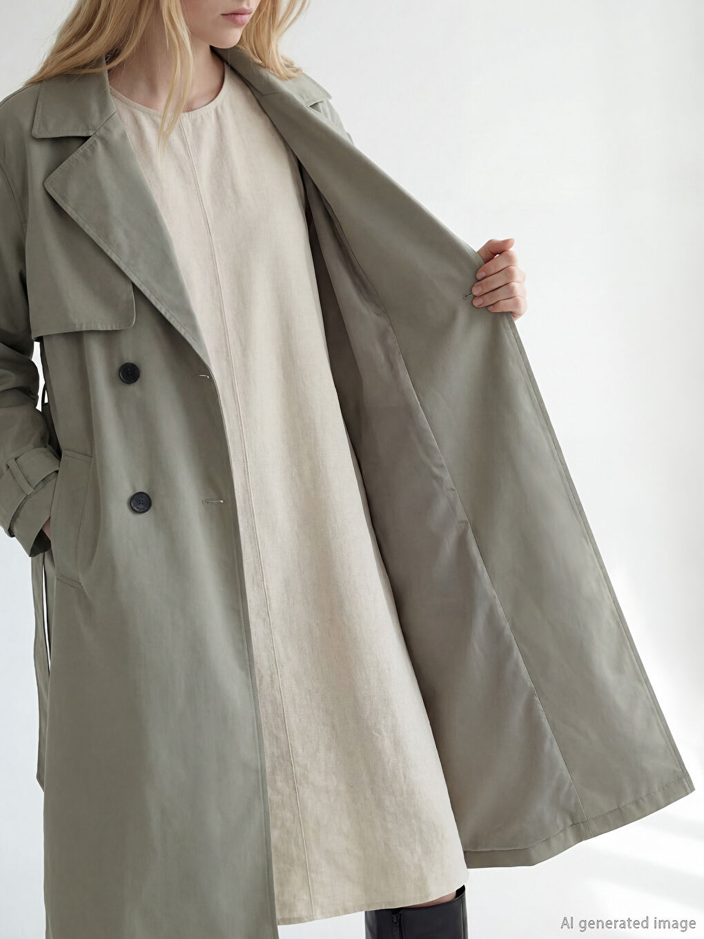 Haki Kruvaze Yaka Kuşaklı Kadın Trençkot-1