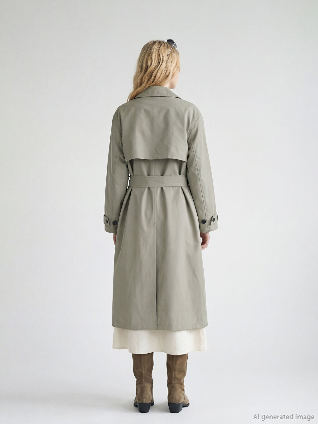 Haki Kruvaze Yaka Kuşaklı Kadın Trençkot-2