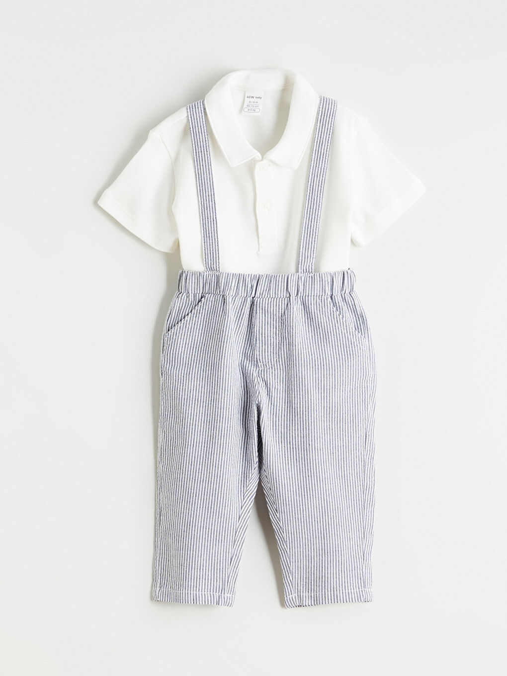 Ekru Polo Yaka Erkek Bebek Tişört Ve Askılı Pantolon 2'li