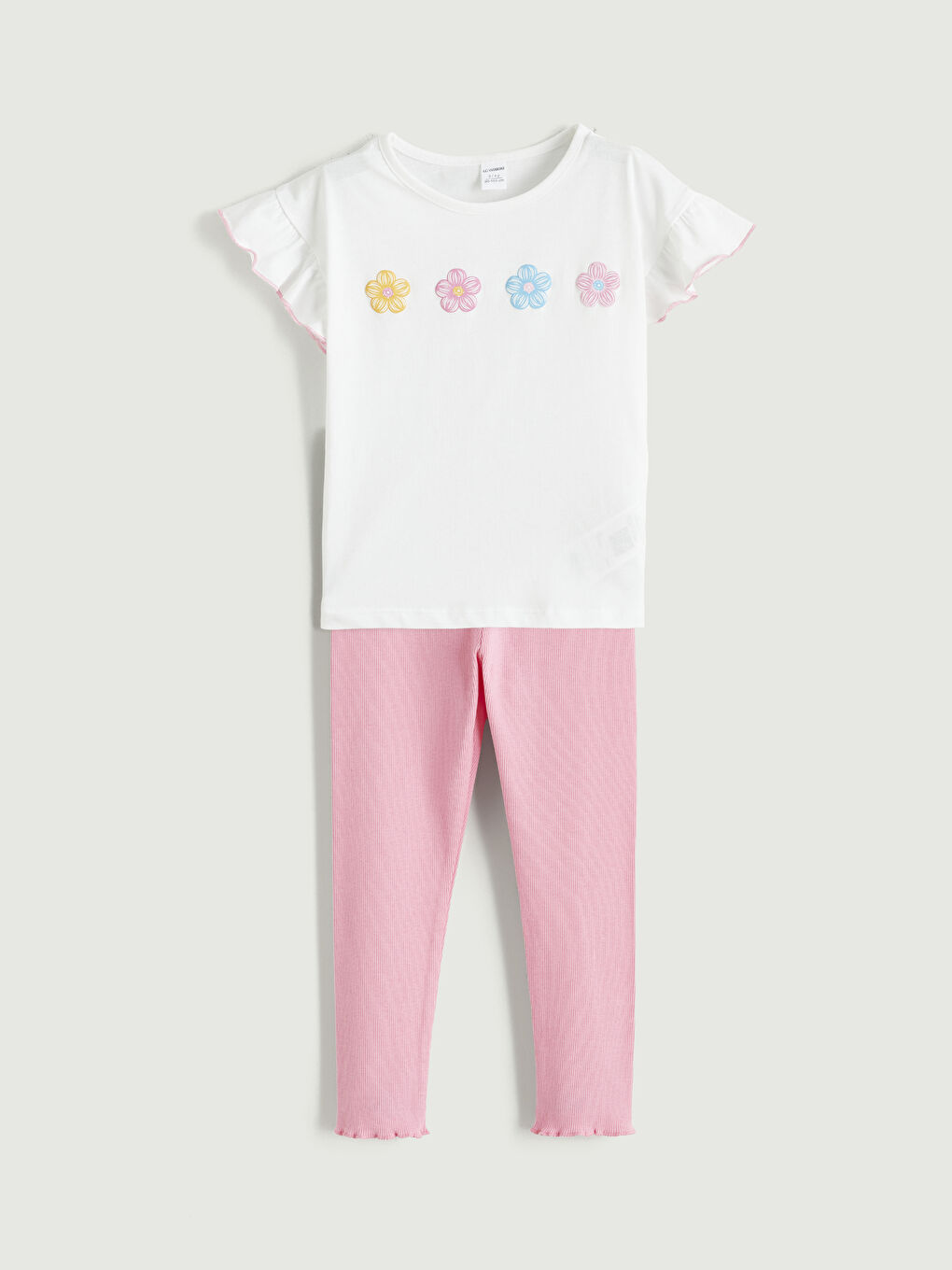 Ekru Bisiklet Yaka Çiçekli Kız Çocuk Tişört ve Tayt