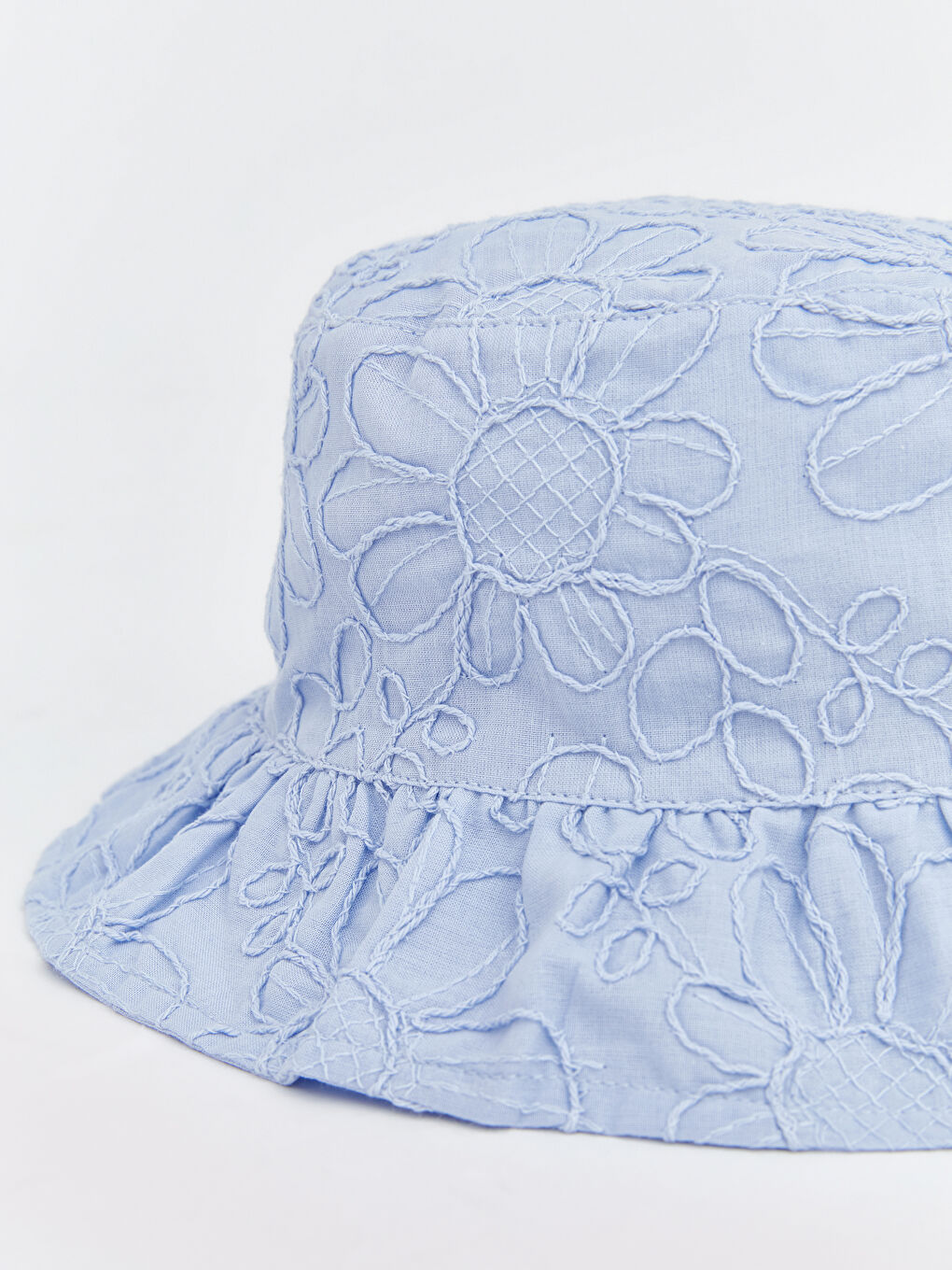 Mavi Çiçek Nakışlı Kız Bebek Bucket Şapka -2