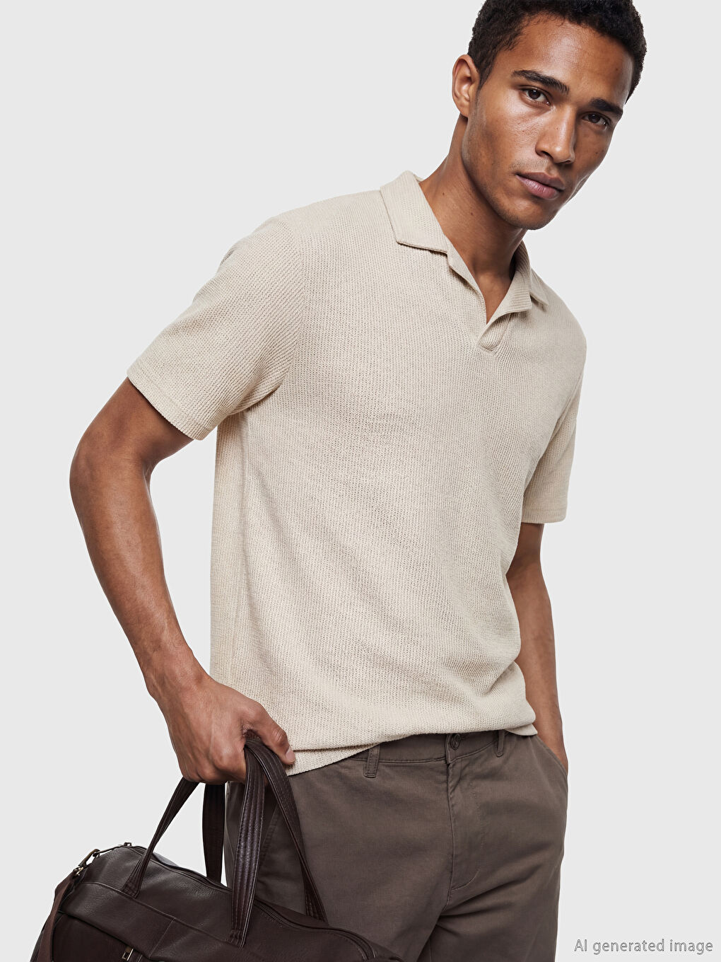 Bej Polo Yaka Dokulu Erkek Tişört