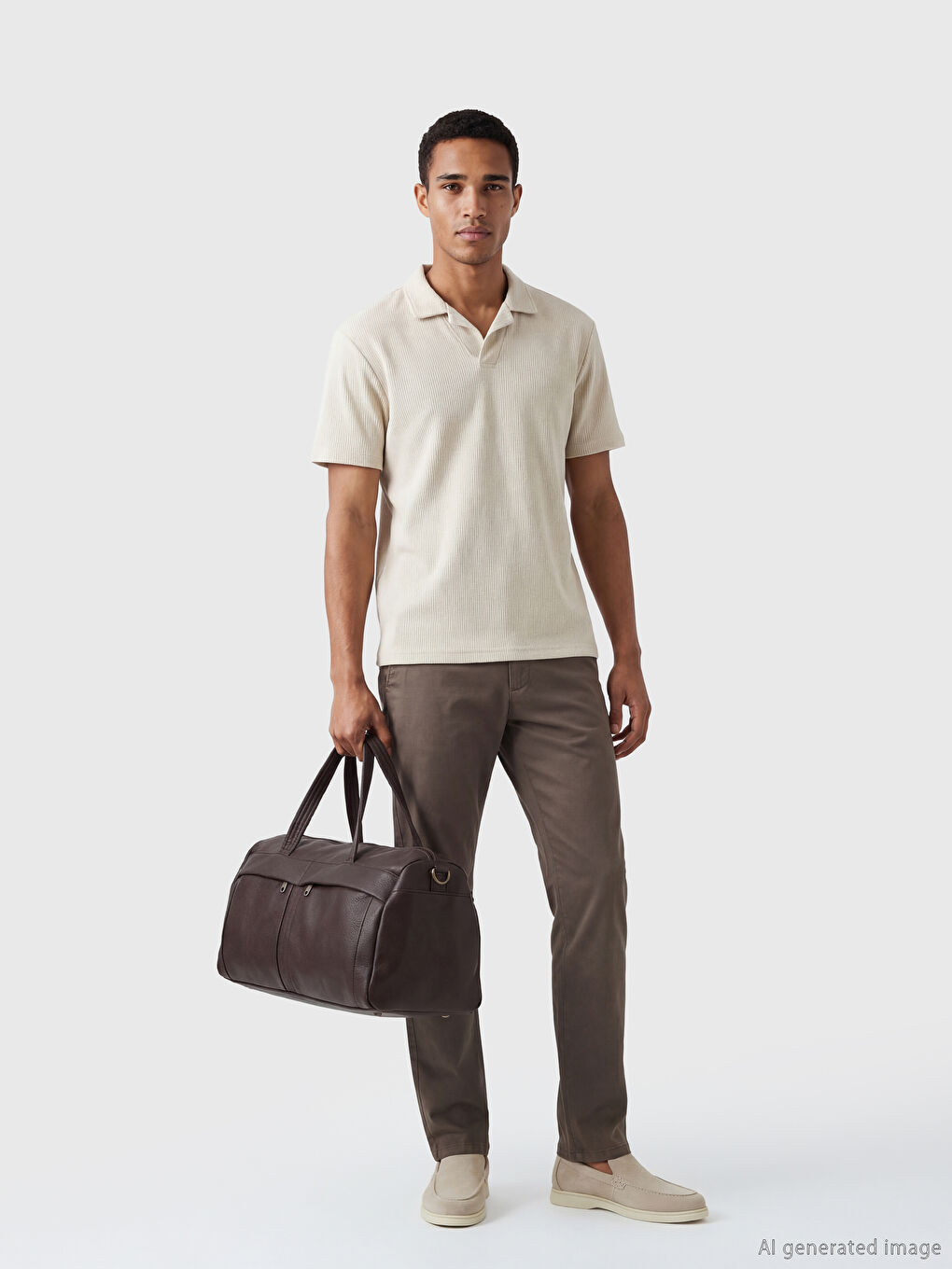 Bej Polo Yaka Dokulu Erkek Tişört-1