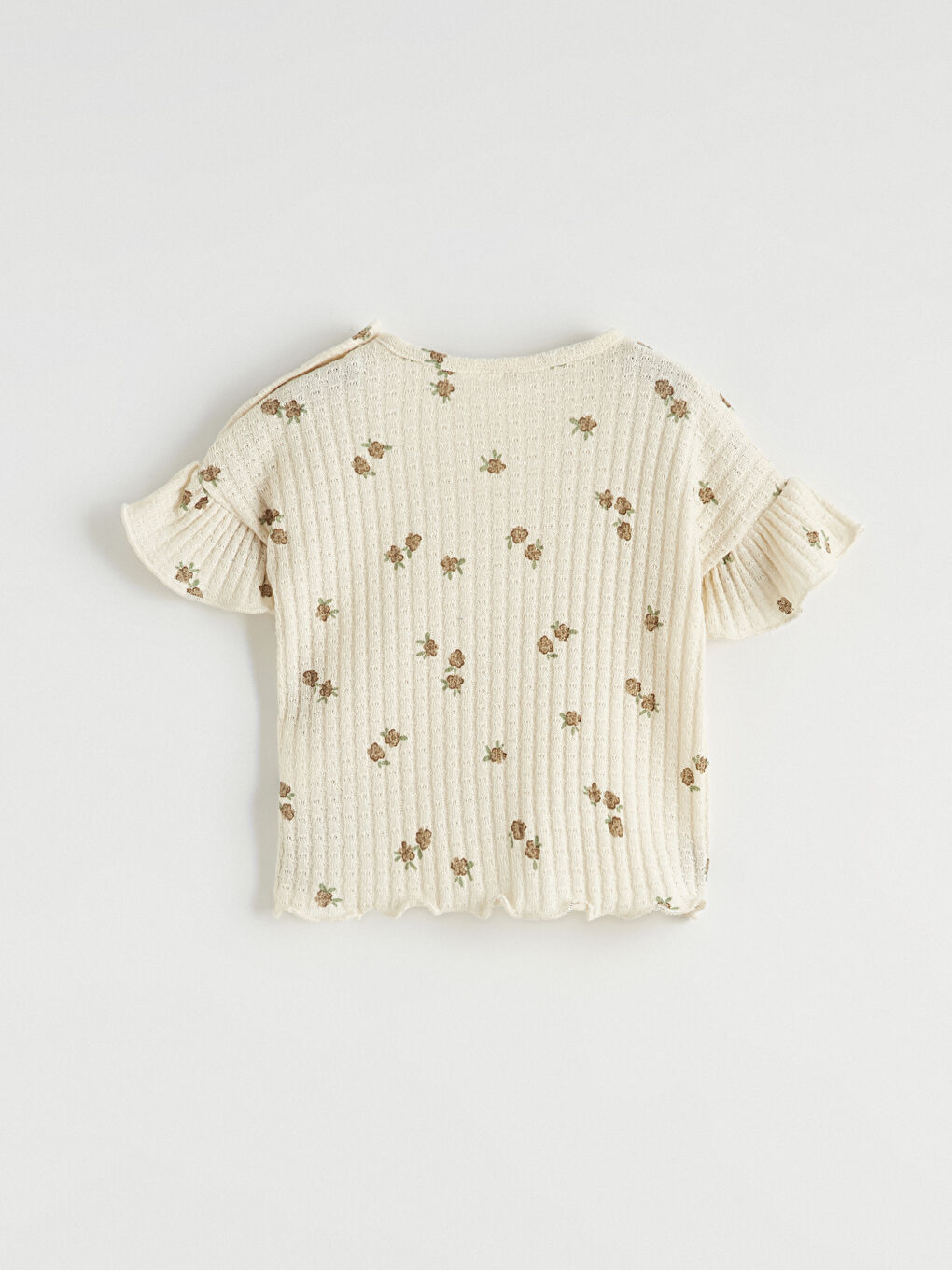 Ekru Bisiklet Yaka Çiçekli Kız Bebek Tişört-1