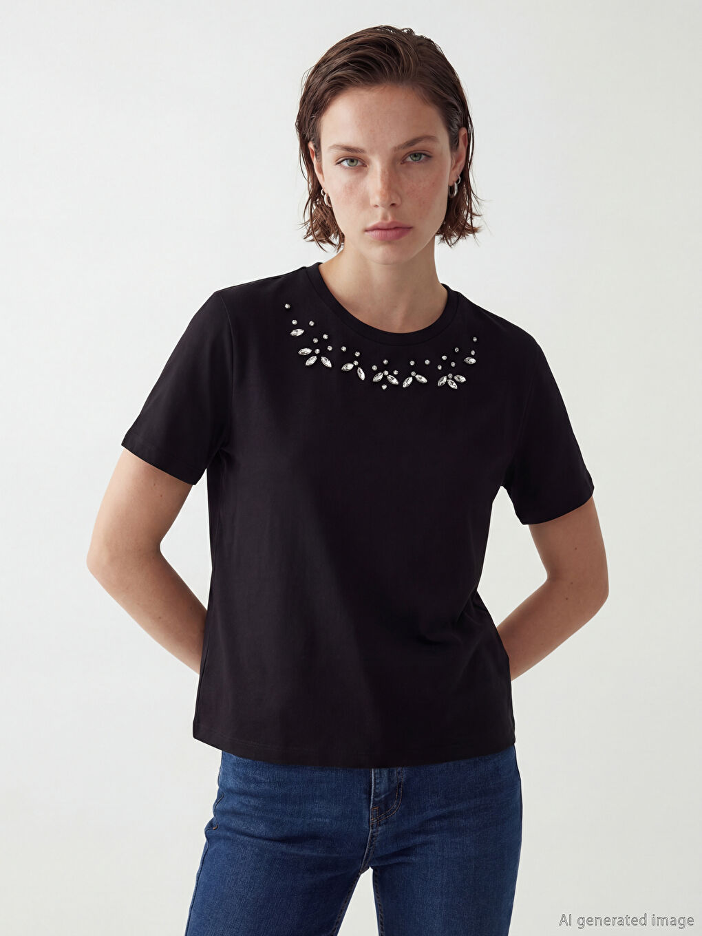 Women's Crew Neck T-shirt with Stone Embellishments