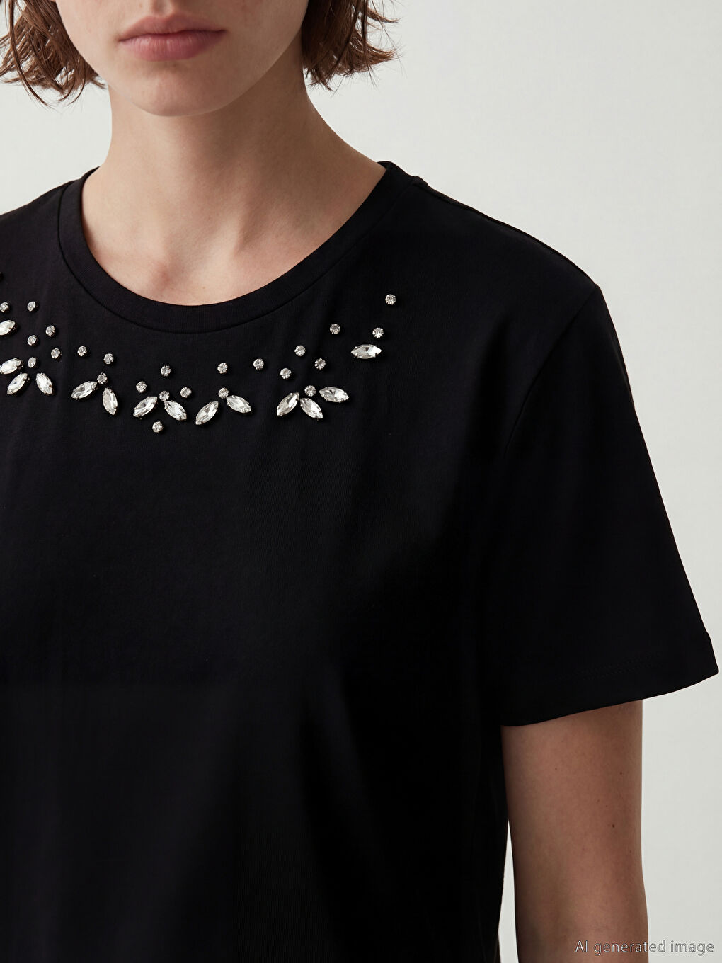 Women's Crew Neck T-shirt with Stone Embellishments-2