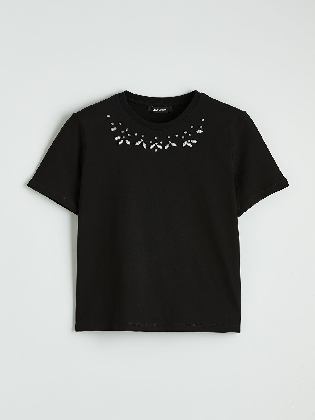 Siyah Bisiklet Yaka Taşlı Kadın Tişört