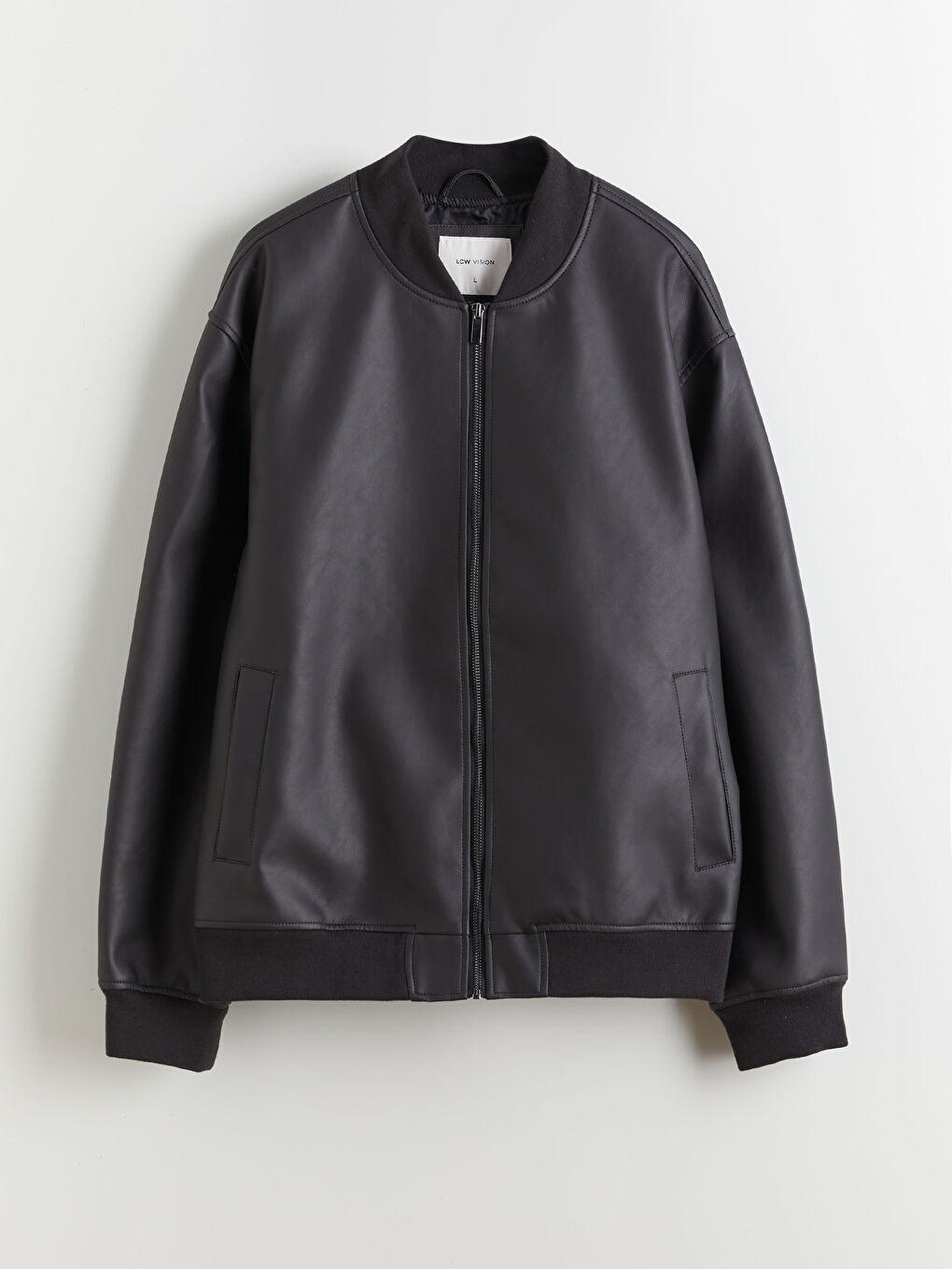 Siyah Standart Kalıp Kolej Yaka Erkek Deri Görünümlü Mont-5