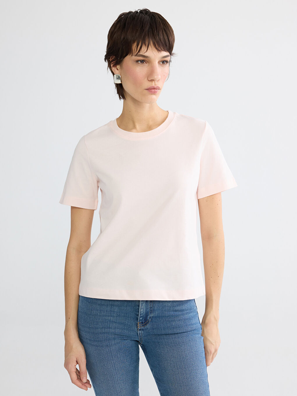 Pembe Bisiklet Yaka Kadın Tişört