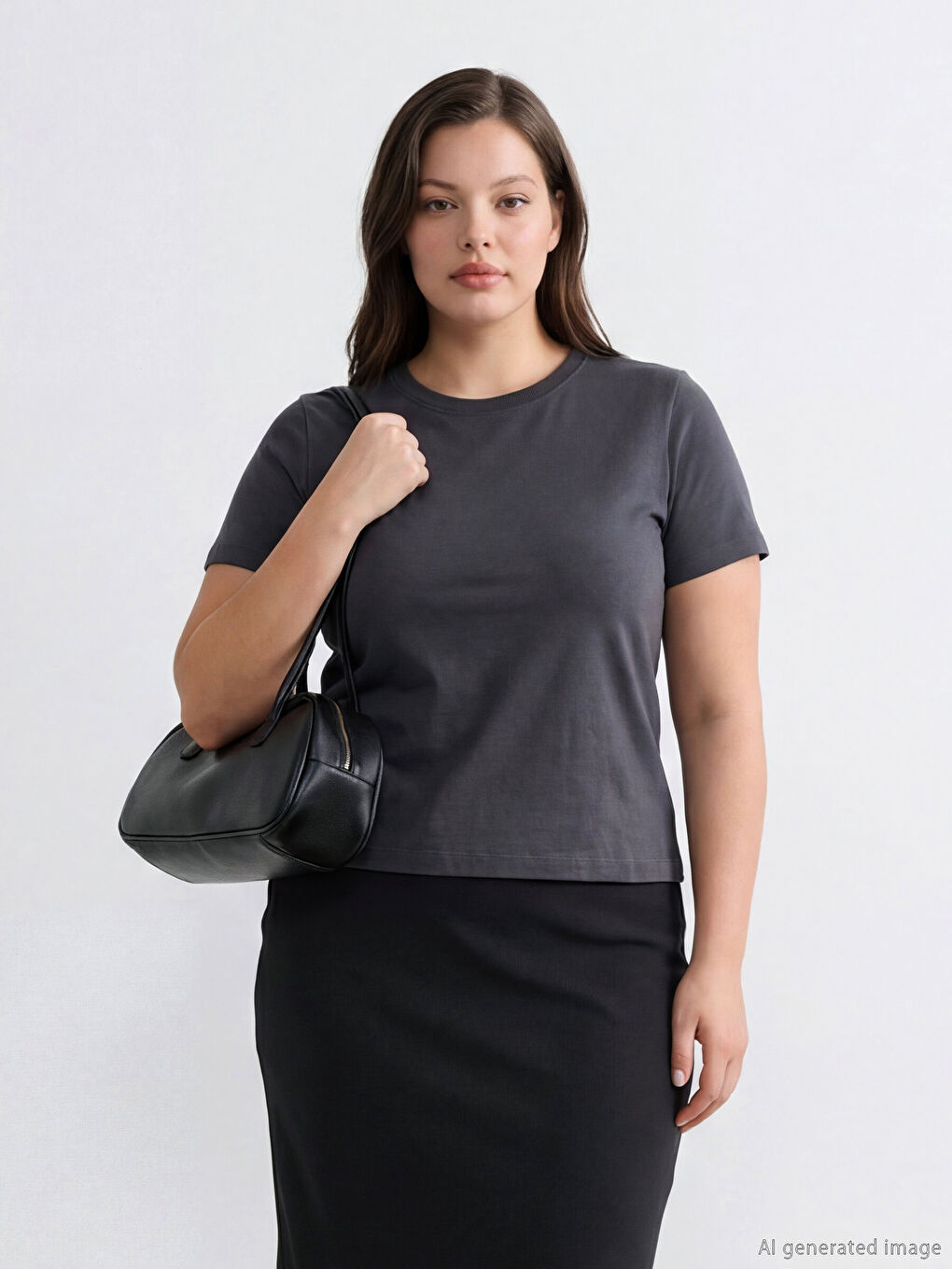 Antrasit Bisiklet Yaka Kadın Tişört-1