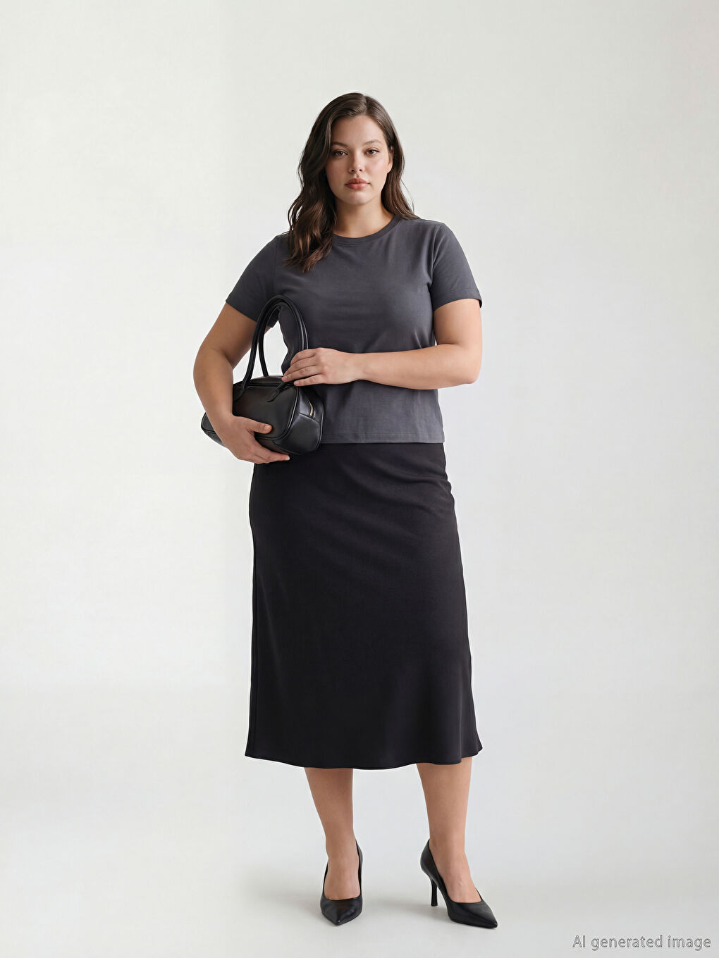 Antrasit Bisiklet Yaka Kadın Tişört-5